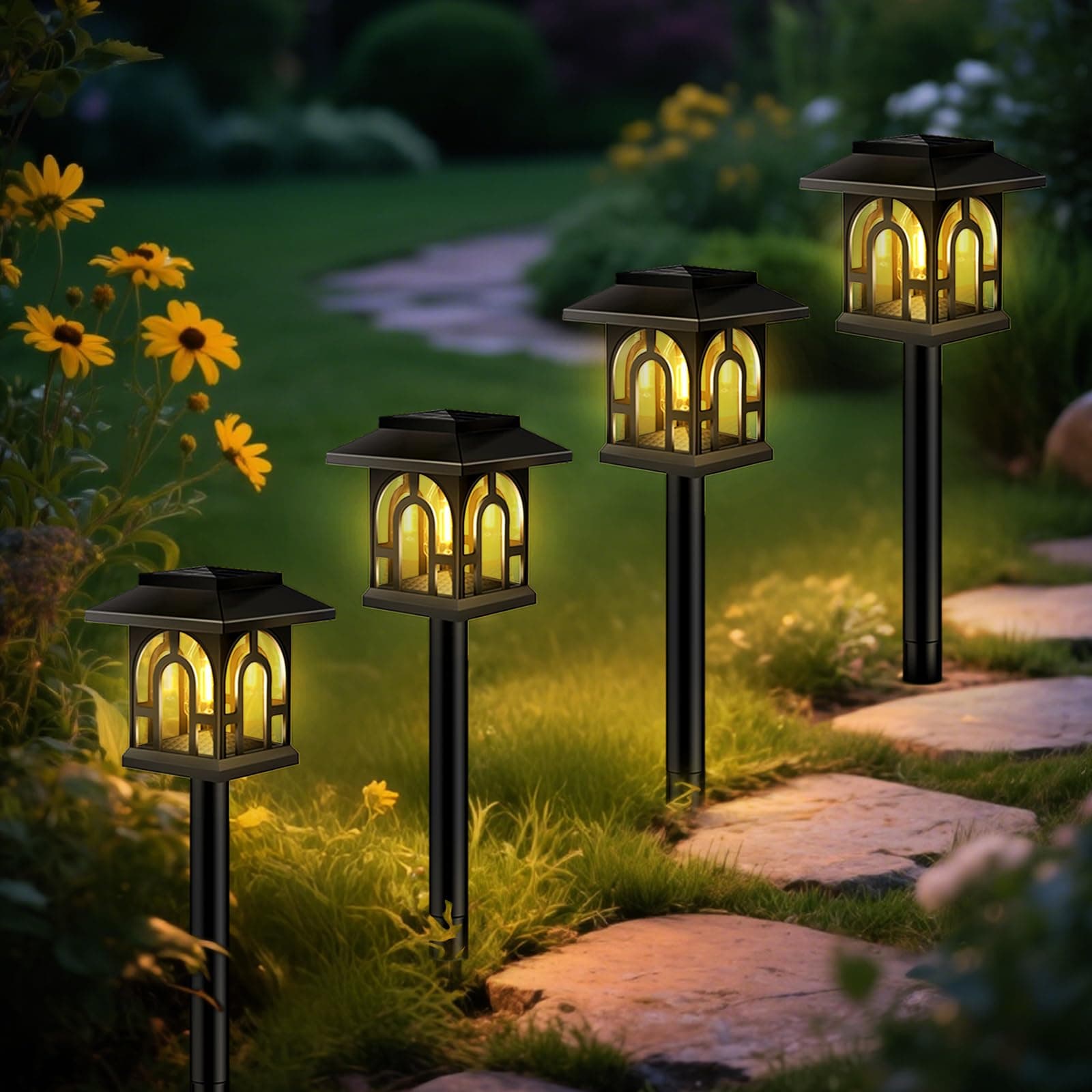 4 Pezzi Luci Solari per Esterni Giardino, Lampada Solare Esterno, IP65 Impermeabile, LED Luci Solari Giardino Decorazione per Vialetto, Patio, Prato, Cortili, Sentieri (Bianca Calda)