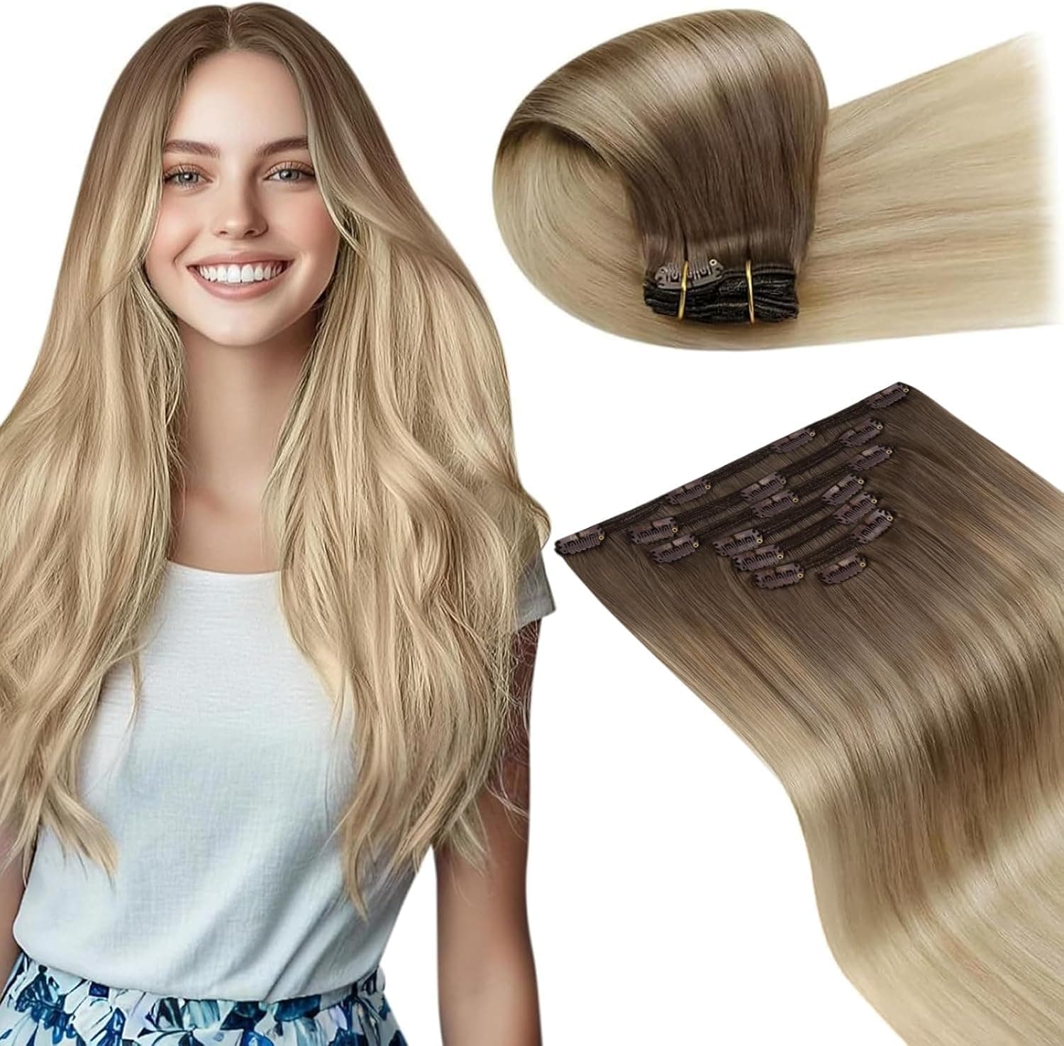 LaaVoo Extension Capelli Veri Clip 60 cm 150g 7pcs Balayage Marrone Chiaro a Biondo Cenere e Bionda Platino Extension con Clip Capelli Umani Lunghi Lisci Invisibile #8/18/60