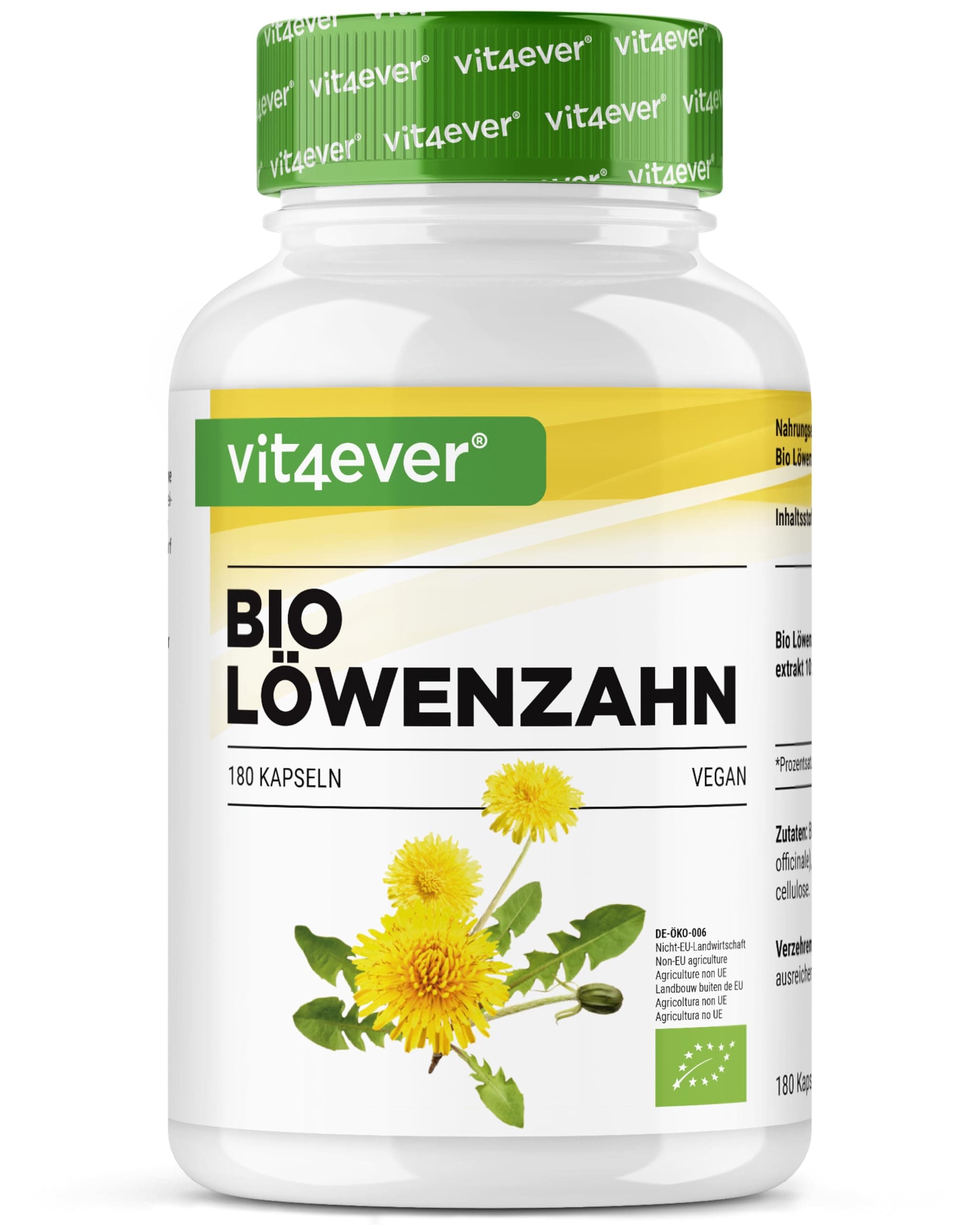 vit4ever Bio Löwenzahn - 180 Kapseln - 1500 mg Löwenzahnwurzelextrakt - Hochdosiertes 10:1 Verhältnis - Echtes Taraxacum officinale Extrakt - Ohne unnötige Zusätze