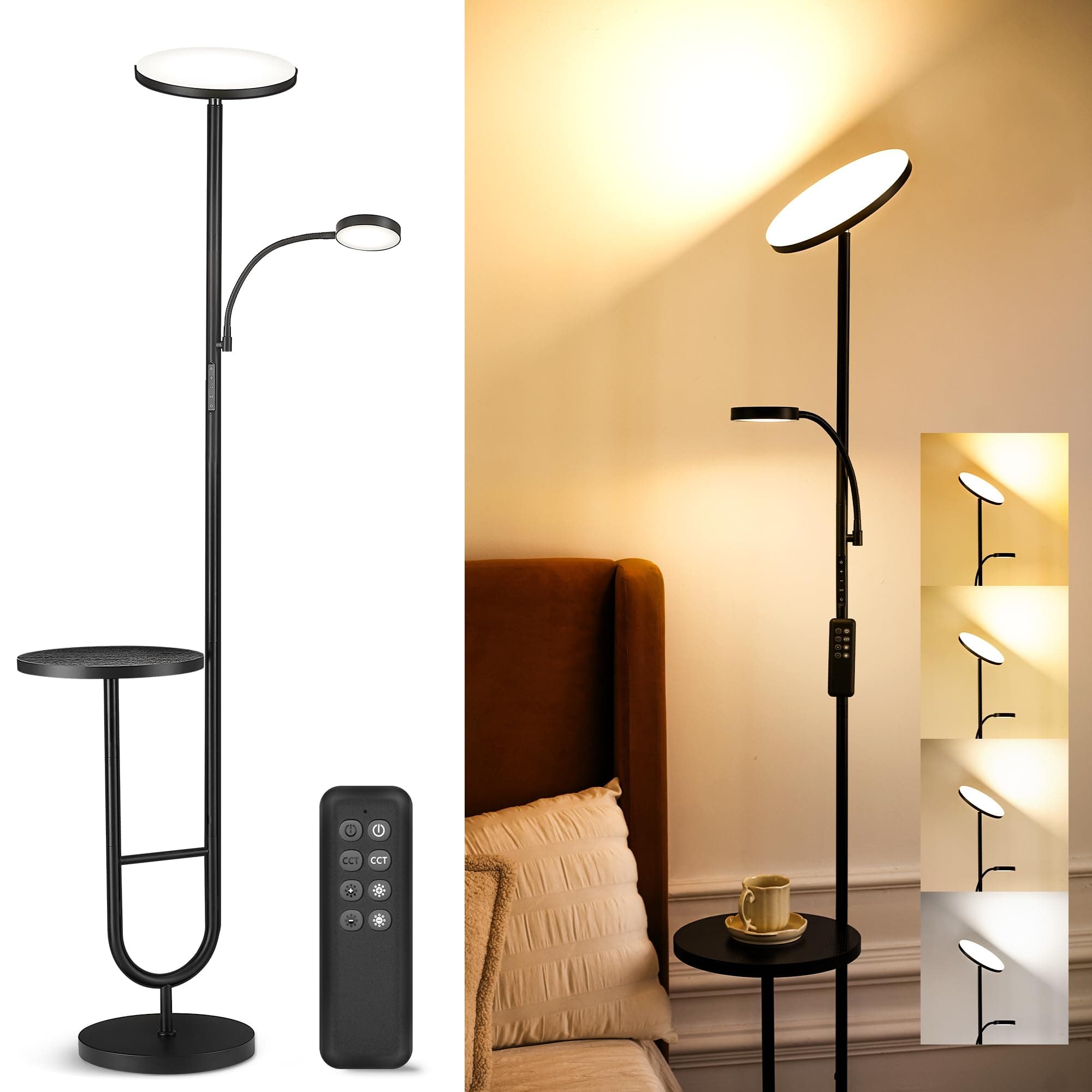 LuminexDesigns Lámpara de Pie LED con Mesa, 36W+7W Regulable 3200LM+600LM con Mando, Cabezal Giratorio 350°, 2700K-6500K, Lámpara Moderna para Salón Negra