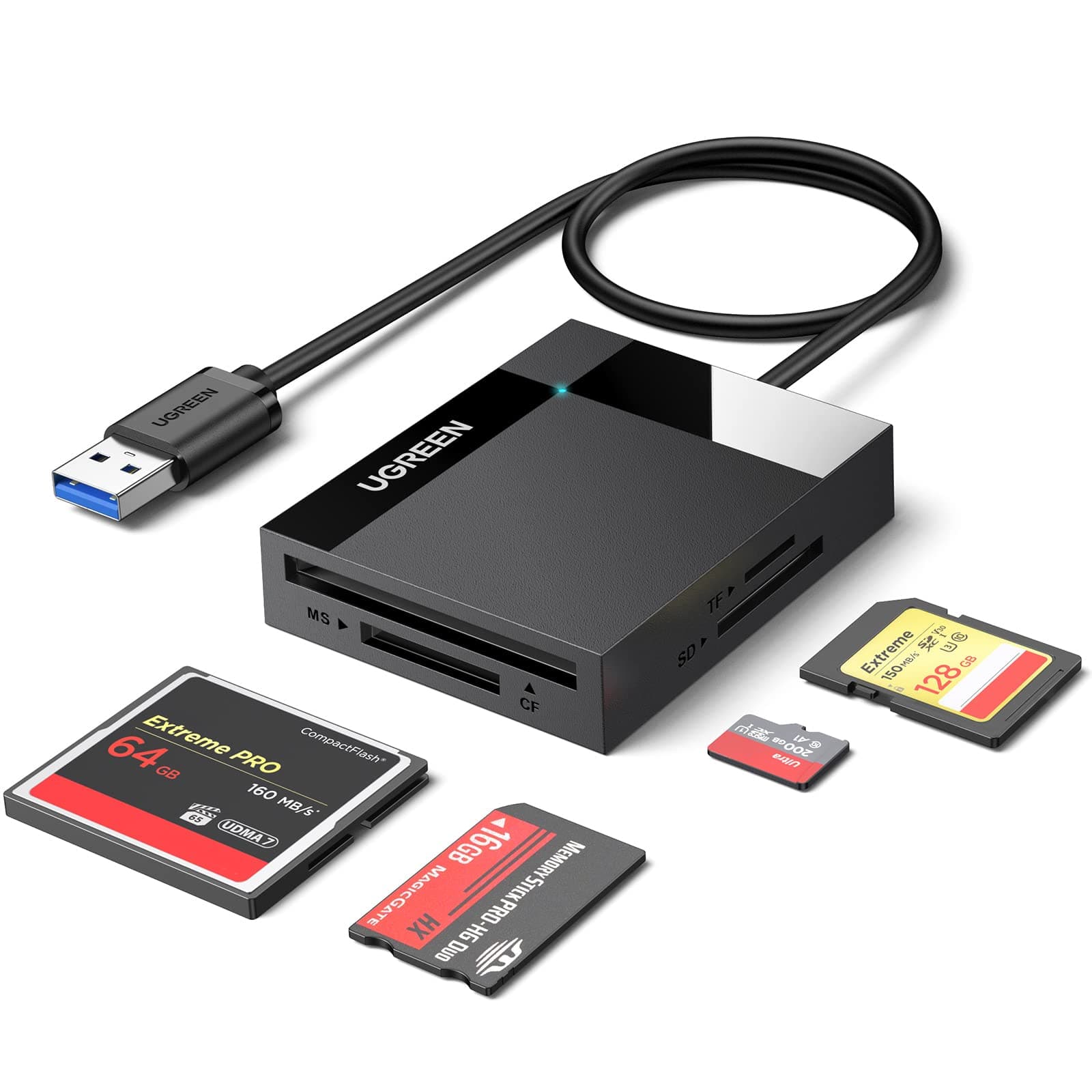 UGREEN USB 3.0 Kartenleser 4 in 1 Kartenlesegerät für SD/TF/CF/MS SD Card Reader mit parallelem Zugriff auf 4 Slots USB Lesegerät Adapter für SD, CF, Micro SD, SDXC, Micro SDHC, Micro SDXC, MS usw