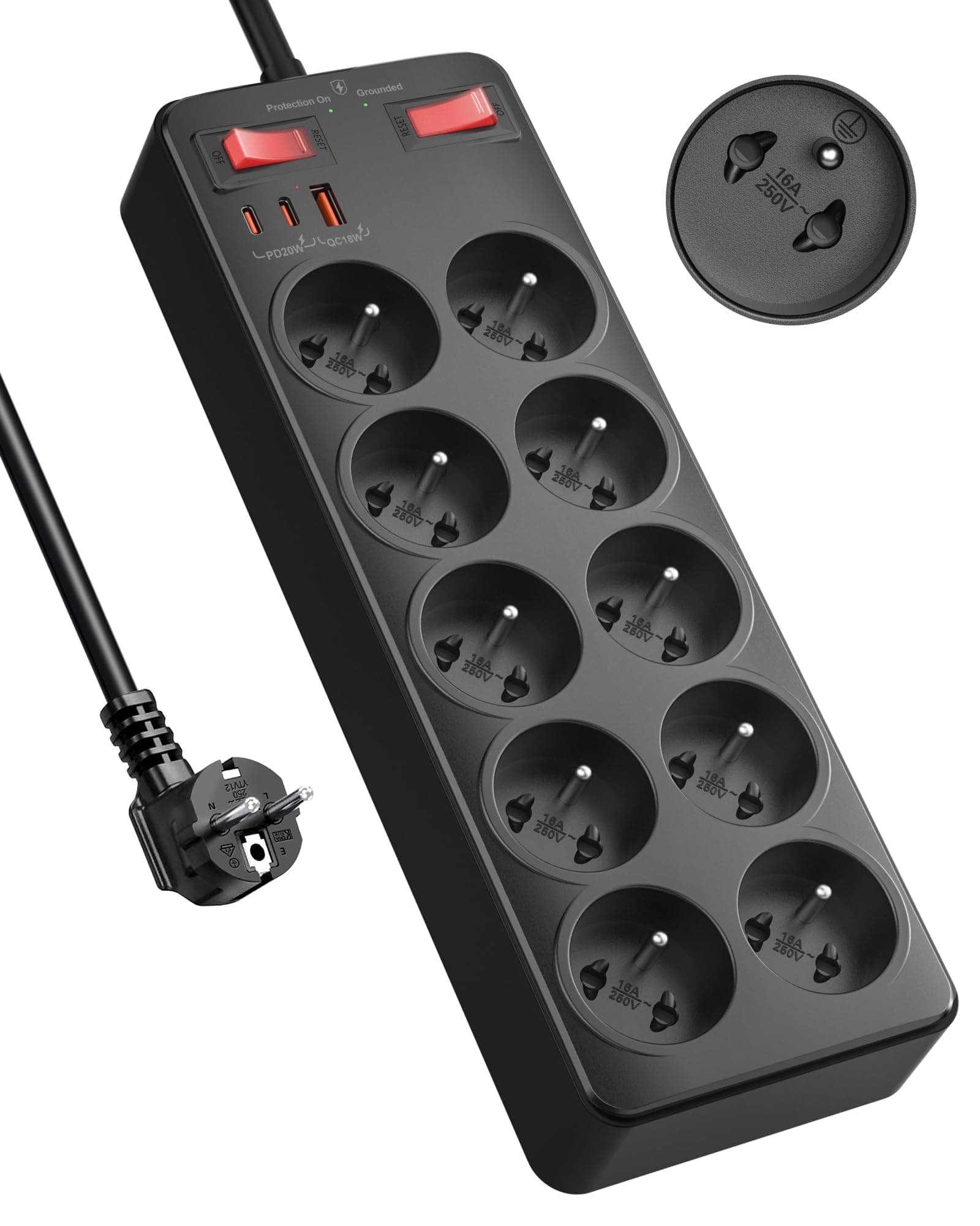 Multiprise avec Interrupteur, 10 Prises Françaises avec Terre 16A 2P+T,Bloc Prise Multiple Charge Rapide PD20W, 2100J Parafoudre et Surtension,Cuisine et Bureau Rallonge Electrique 2 M Câble, Noir
