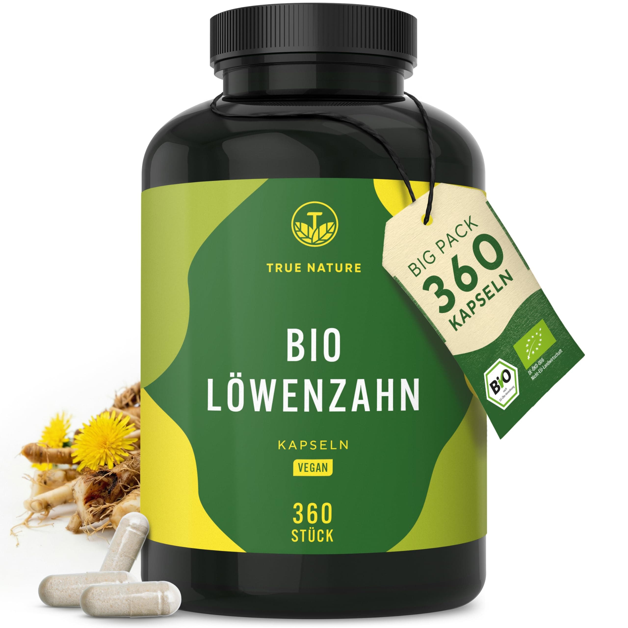 BIO Löwenzahn - 360 Kapseln - 1500mg Löwenzahnextrakt hochdosiert 10:1 (löwenzahnwurzelextrakt) -vegan, laborgeprüft, ohne Zusätze – TRUE NATURE®