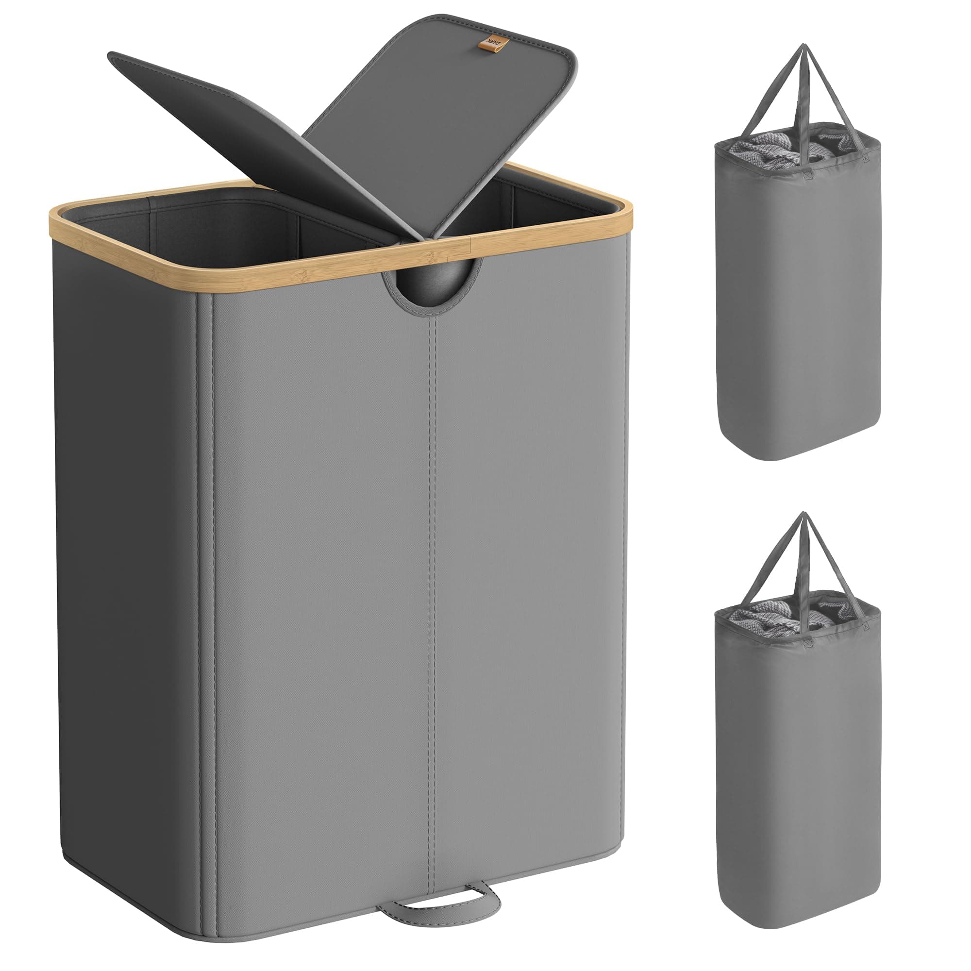 SONGMICS Wäschekorb 2 Fächer, Wäschesammler, 150 Liter, Wäschesortierer mit Deckel, Wäschetonne, Wäschesäcke herausnehmbar, für Waschküche, Schlafzimmer, Wohnzimmer, schiefergrau-naturbeige LCB523G01