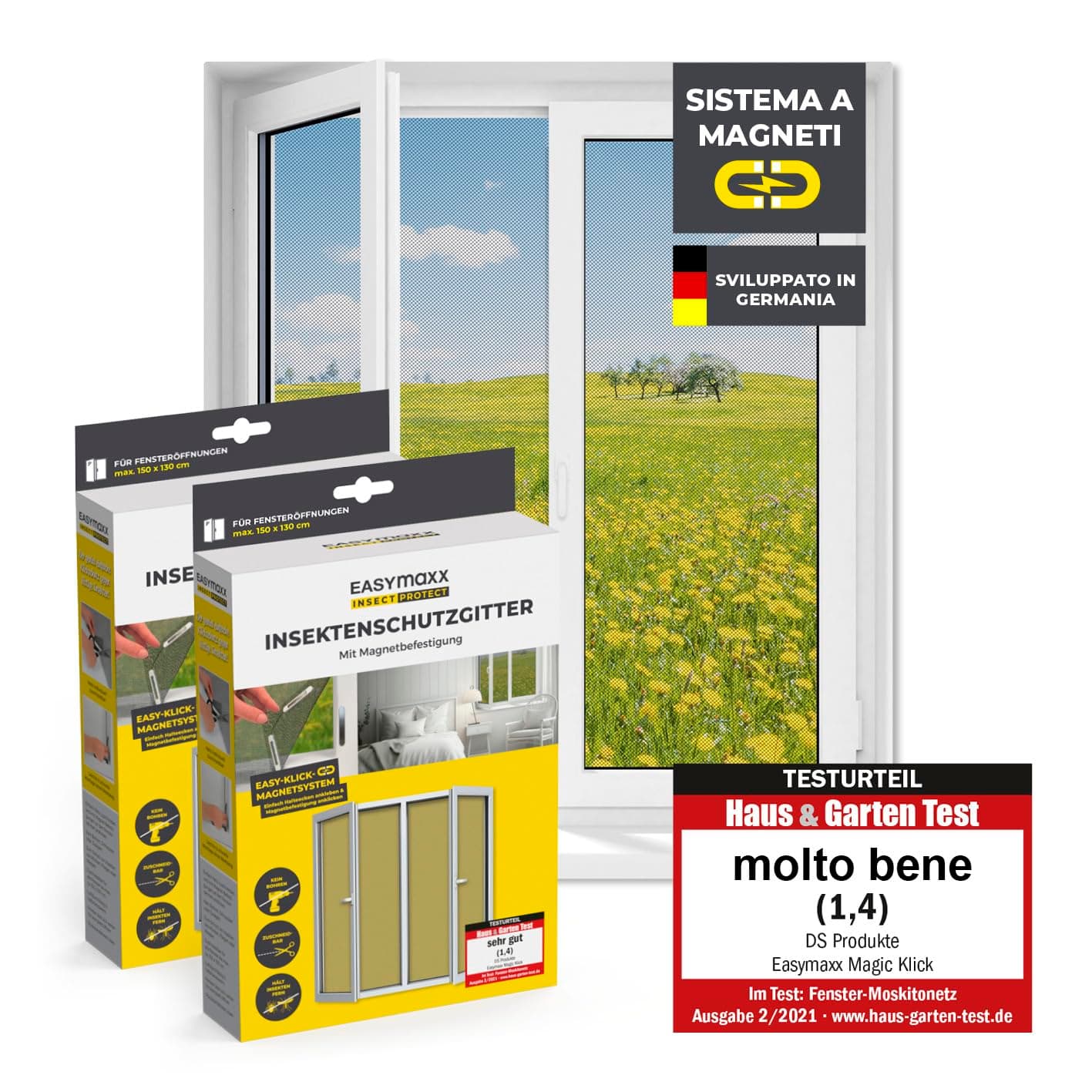 EASYmaxx Zanzariera per finestre con Magic Click | Tagliata individualmente su misura per tutte le finestre fino a 150x130 cm | Facile installazione con 12 magneti - senza forare o avvitare [2 Pezzi]