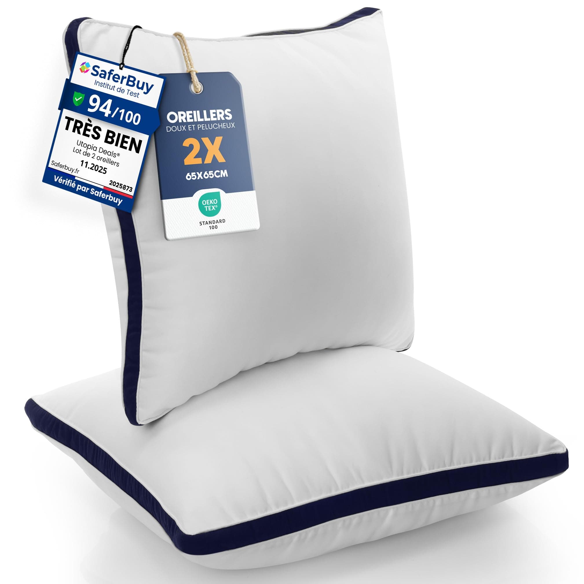 Utopia Bedding Oreillers 65 x 65 cm (2 Pièces), Rembourrage en Fibres Creuses Vierges 3D, Oreiller Doux et Facile à Entretenir (Bleu Marine)