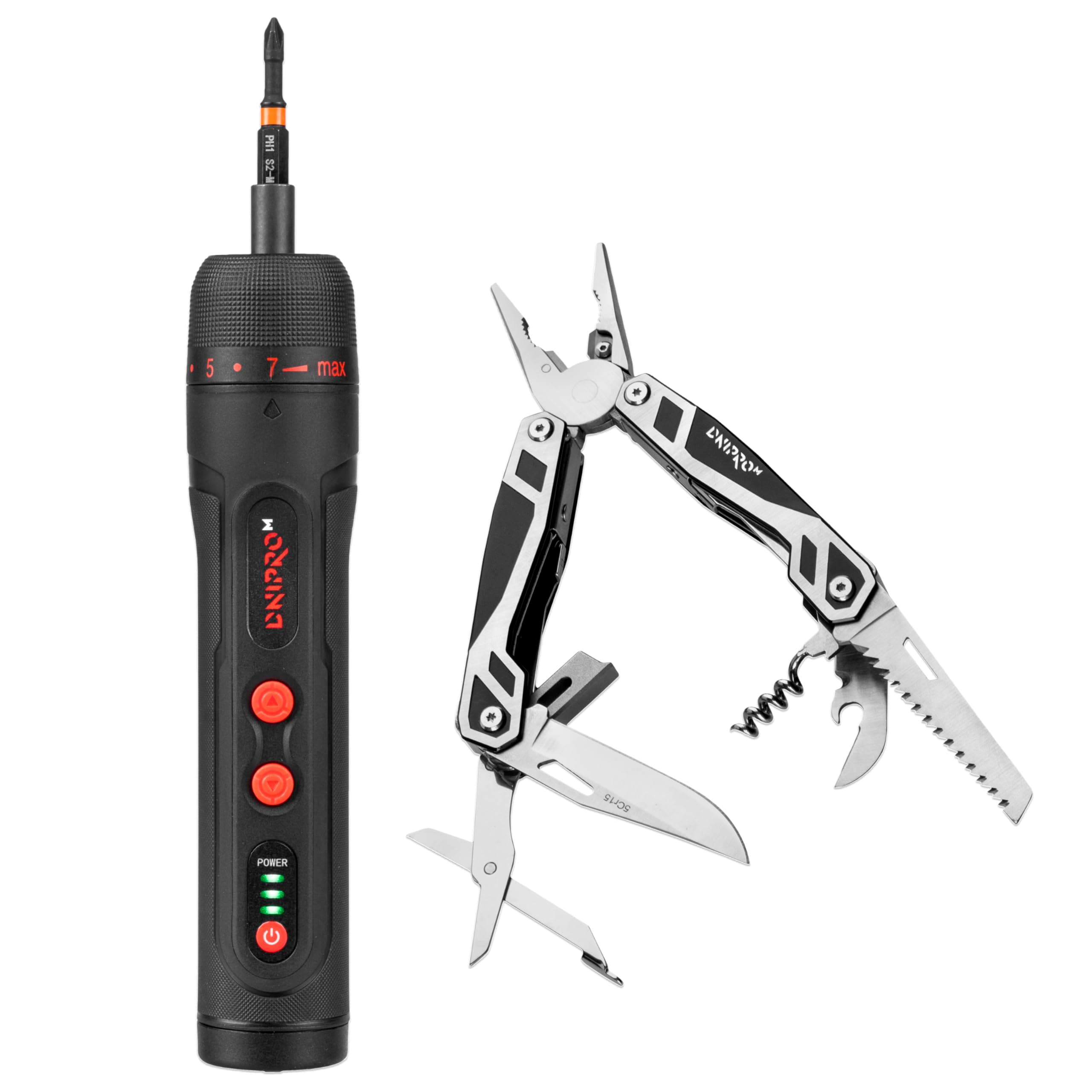 Dnipro-M Kit Herramientas 2 en 1: Destornillador Eléctrico 3.6V 4,5 Nm 320 rpm USB-C + Multiherramienta 17 en 1 Acero Inoxidable, Kit Completo Bricolaje, Hogar, Camping y Coche