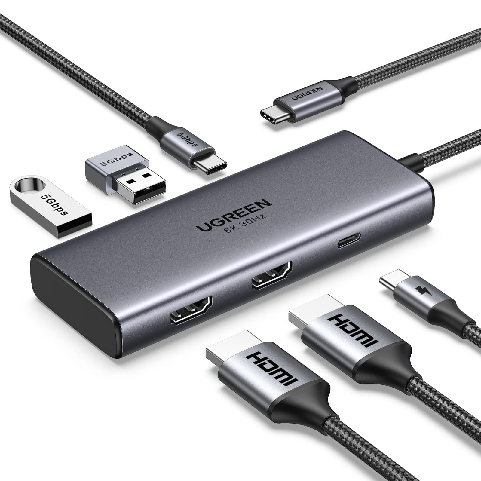 UGREEN Revodok 206 USB C Hub 2 HDMI Docking Station Dual HDMI, 3*USB Ports, PD 100W Schnellladen Kompatibel mit Surface, ThinkPad, Zenbook und mehr