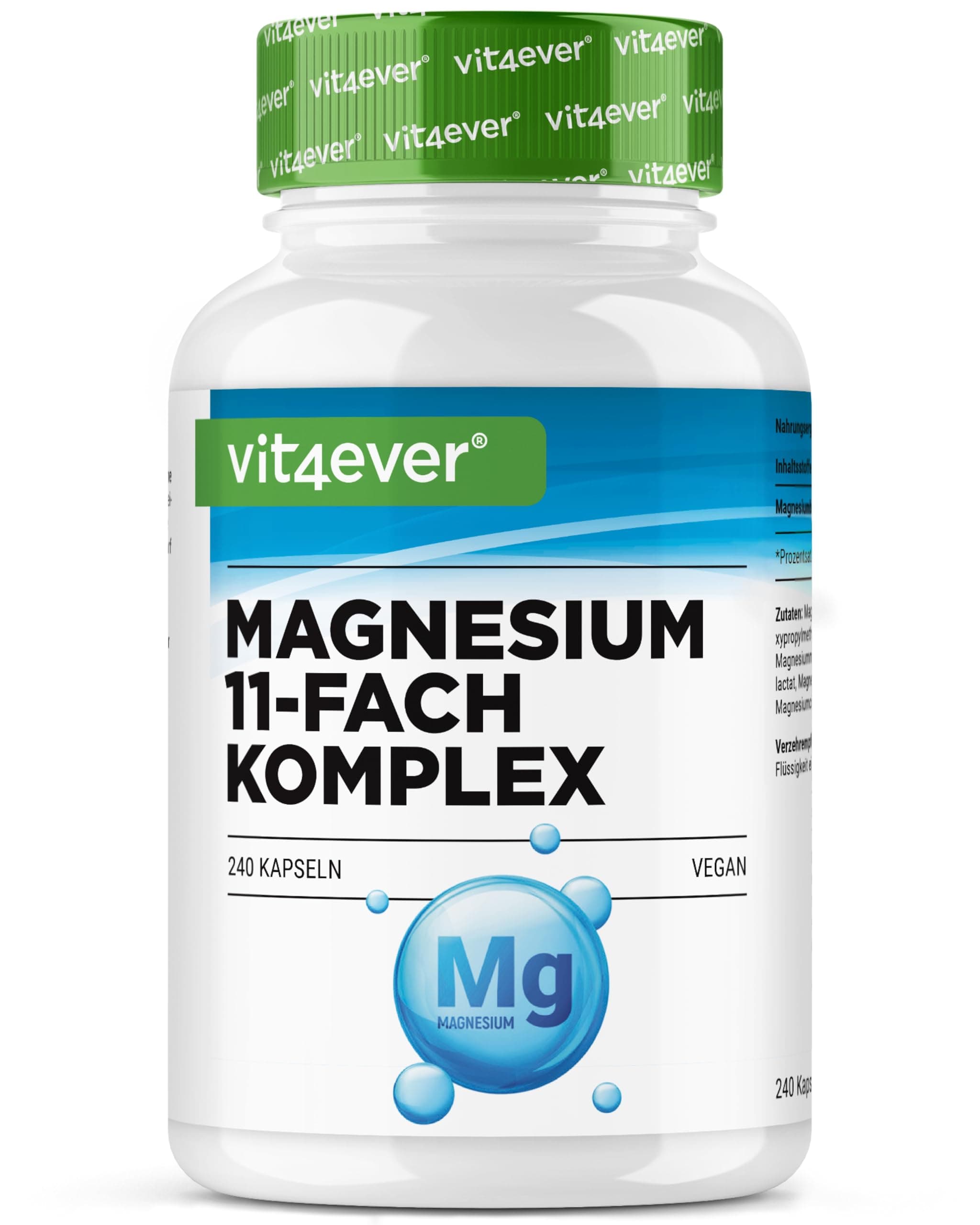 vit4ever Magnesium Komplex - 240 Kapseln - Aus 11 hochwertigen Verbindungen - 408 mg elementares Magnesium pro Tagesdosis - Hochdosiert - Vegan