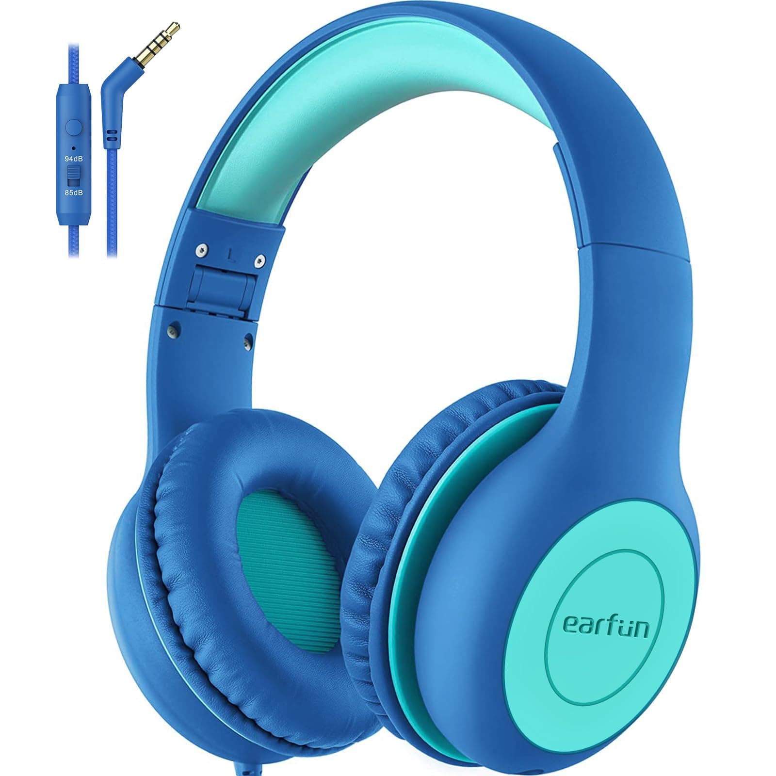 EarFun Kinder Kopfhörer, Kopfhörer Kinder mit Kabel, 85/94dB Lautstärkenbegrenzer, Faltbare, Einstellbar, Stereo Sound, HD-Mikrofon, Audio-Sharing, Over Ear Kinderkopfhörer für Schule/Tablet/PC, Blau
