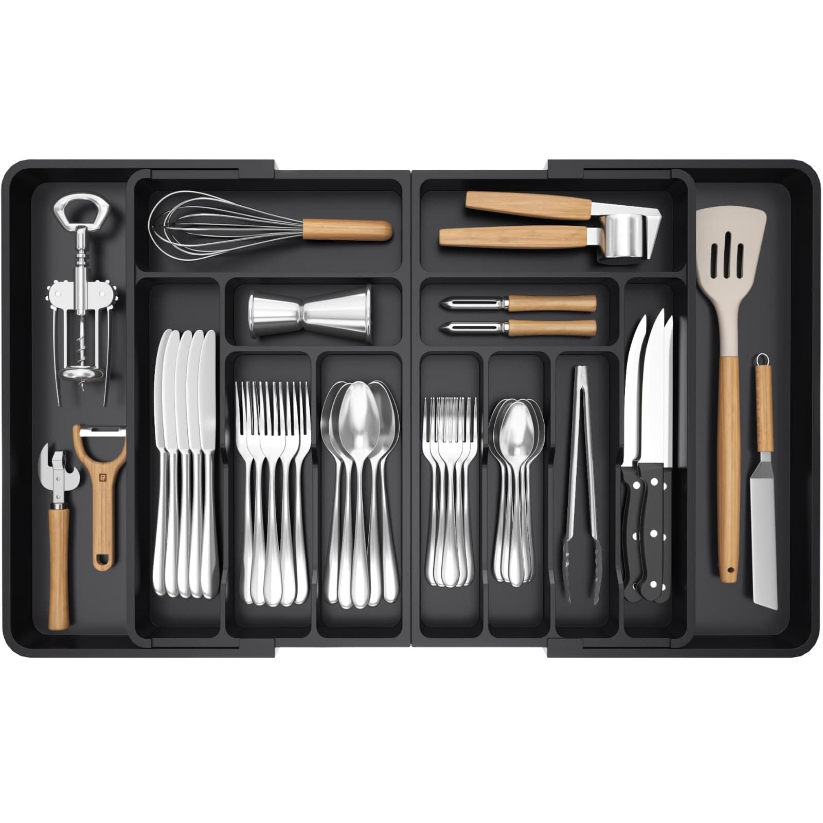 Lifewit Große Besteckkasten für Schubladen, Einstellbar Breite 54,1-91,4 cm, Tiefe 43 cm, 11-13 Fächern, Abnehmbarer Kunststoff Schubladen Organizer Küchen für Messer Gabel Löffel, Schwarz