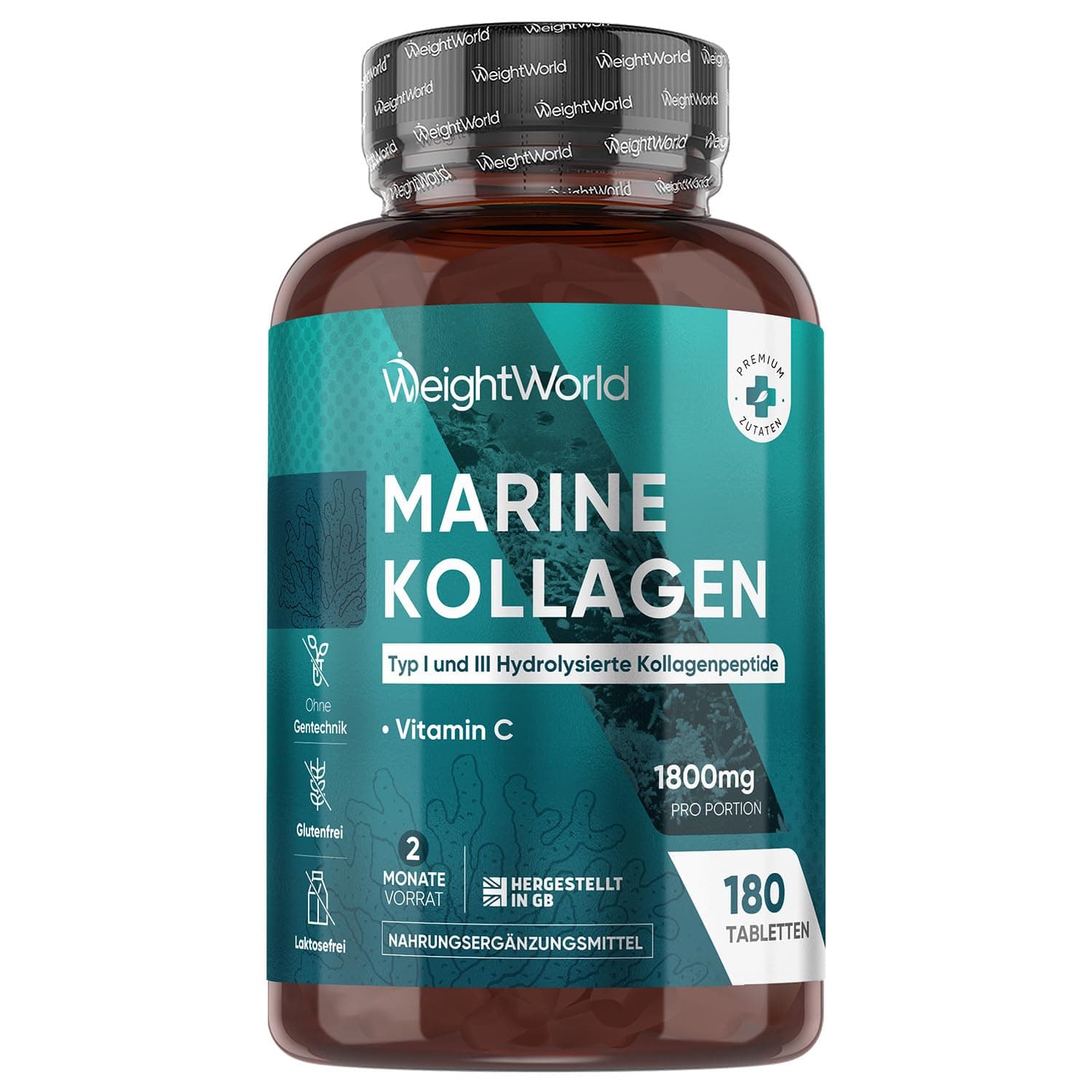 Kollagen mit Vitamin C - 1800mg Marine Collagen Hydrolysat pro Portion - Collagen Peptide Typ 1 & 3-180 Tabletten - Meereskollagen - 2 Monate Vorrat - Nahrungsergänzungsmittel von WeightWorld