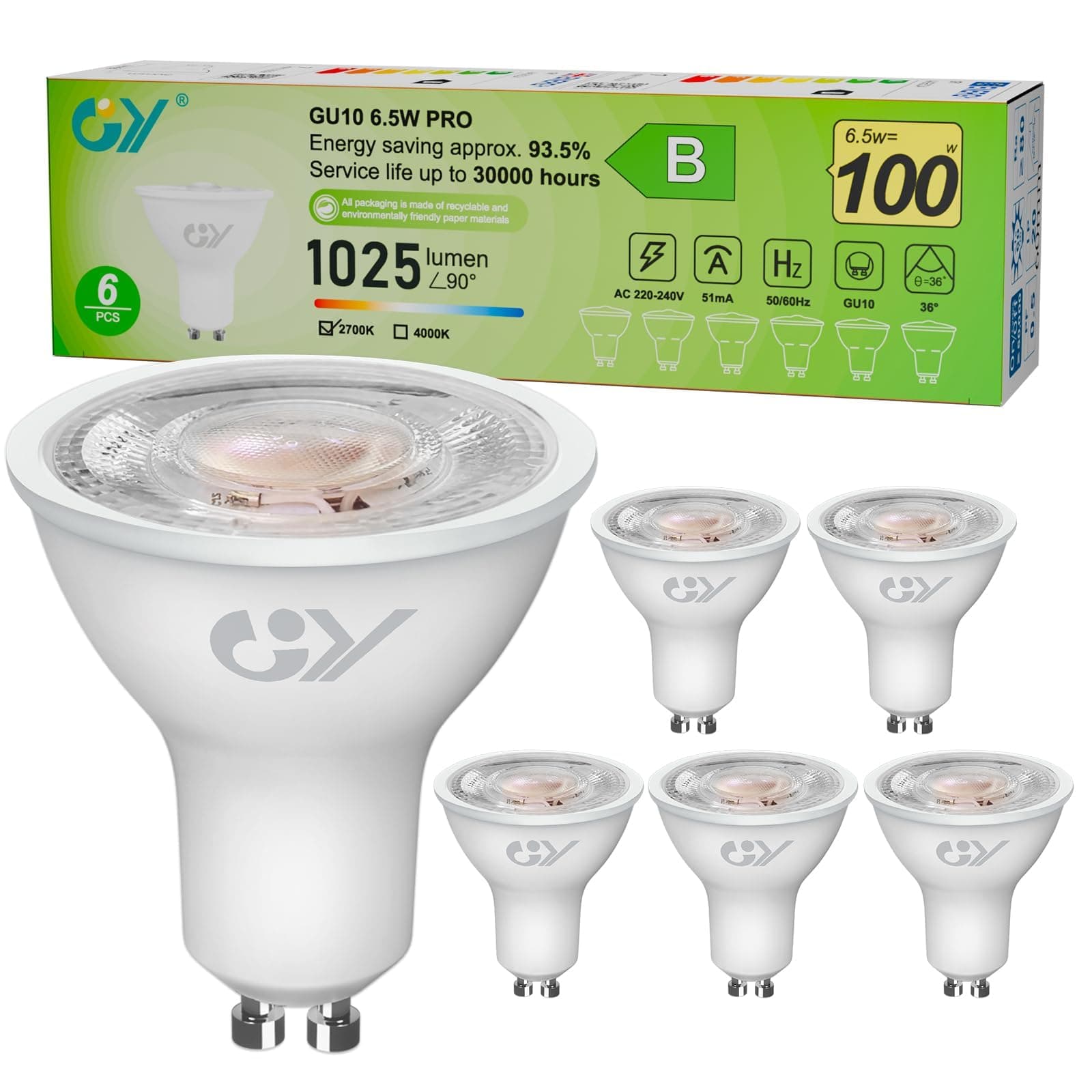 GY Clase B Bombillas GU10 LED Spot, 1025LM Blanco Cálido 2700K GU10 36° (haz estrecho), 6,5 W equivalente a 100 W, eficiencia energética, no regulable, juego de 6