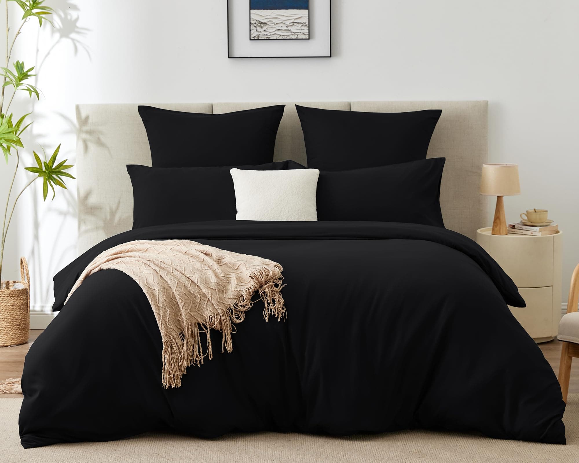 WAVVE Housse Couette 200x200 avec 2 Taies d'oreiller 65x65 cm，Parure de Lit 2 Personnes pour lit 140x190 160x200 avec Fermeture Éclair Sets de Housse Couette en Microfibre, Noir 200 x 200