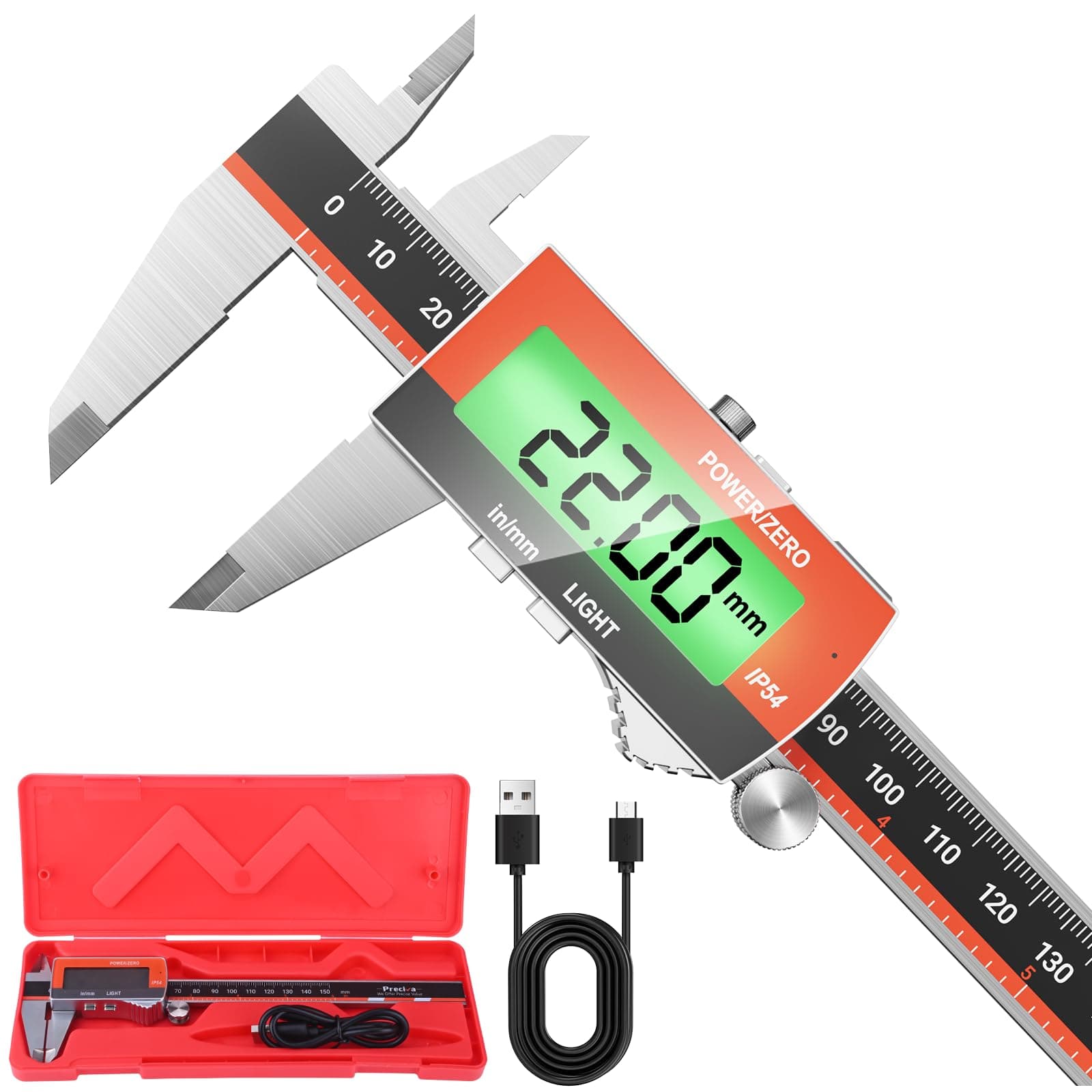 Preciva Calibre Digital Recargable, Pie de Rey Electrónico con Pantalla LCD Grande Retroiluminada Calibrador Digital en Acero Inoxidable Micrómetro Preciso USB