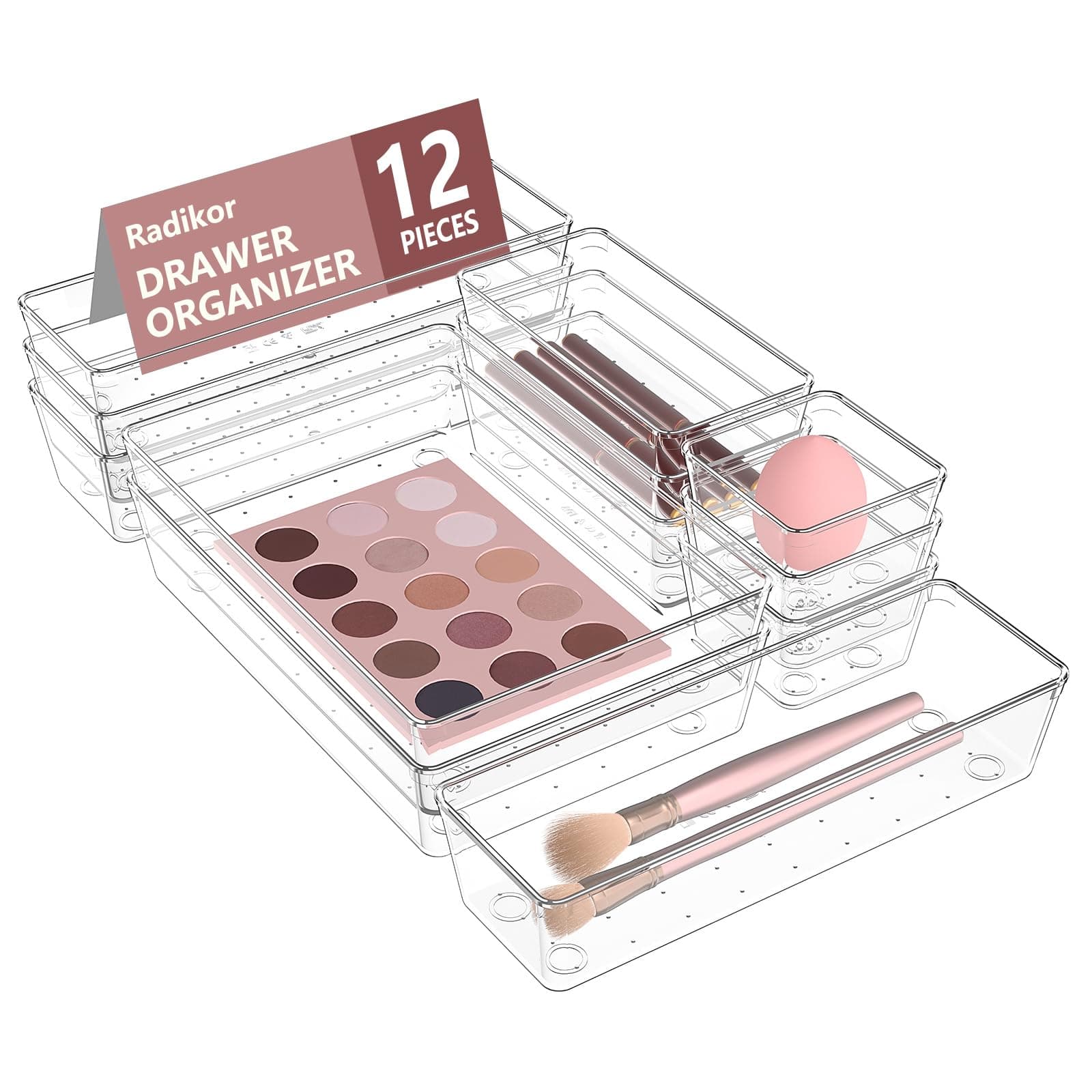 Radikor Organizer Cassetti 12 Pezzi, Contenitori per cassetti in Plastica Trasparente di 4 Dimensioni, Divisori per Cassetti Impilabili per Bagno, Cucina, Trucchi