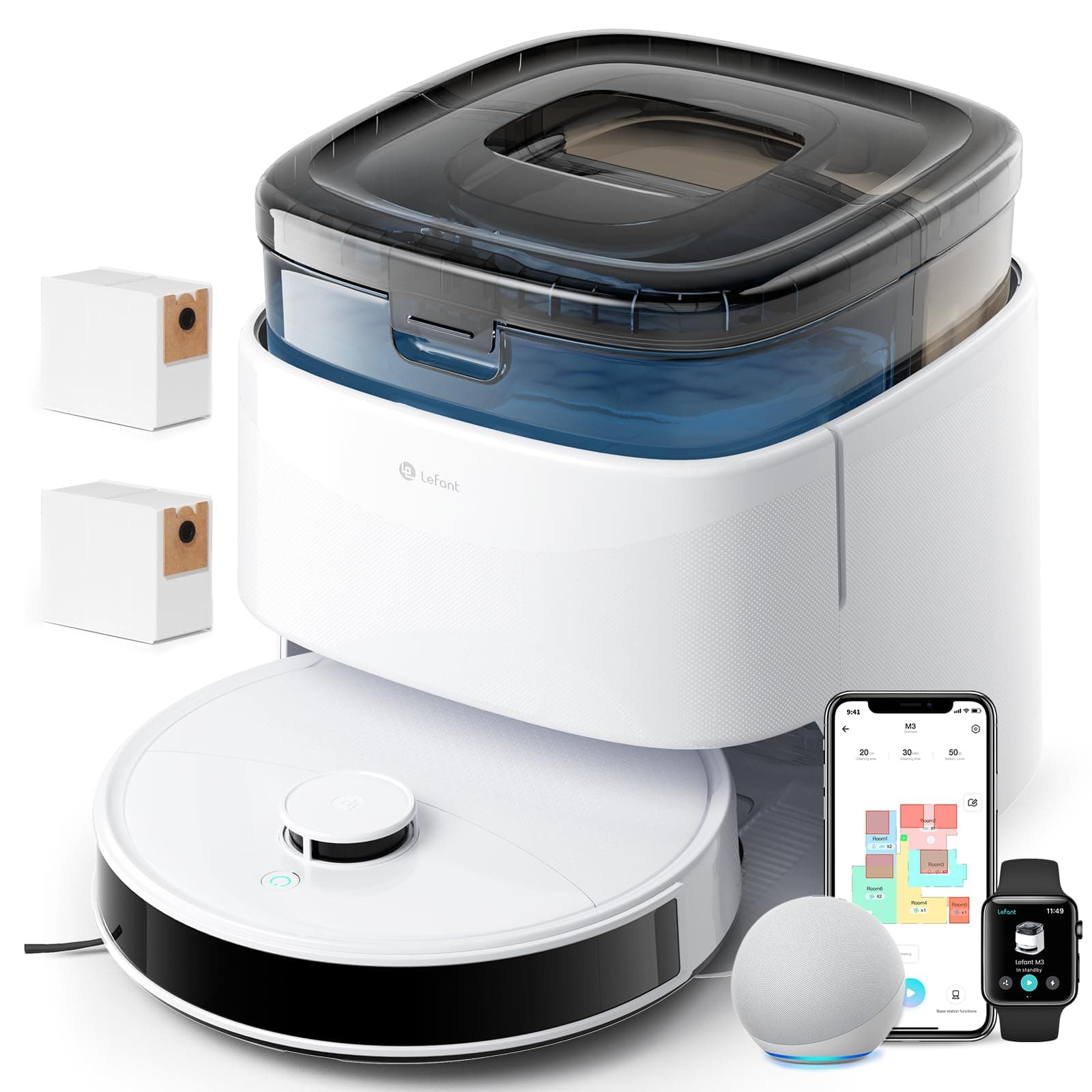 Lefant M3 Robot Aspirapolvere Lavapavimenti con Mappatura, 12000Pa, Svuotamento Riempimento, Lavaggio e Asciugatura Automatici, Laser dTOF, Evitamento Degli Ostacoli PSD, Compatibile Wi-Fi 2.4G e 5G