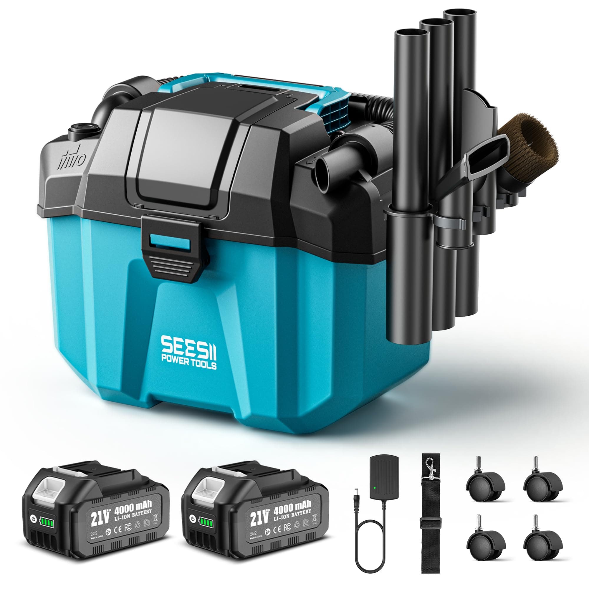 Seesii Aspirateur Eau et Poussière Batterie 8000 mAh (2x4000 mAh), Aspirateur Poussiere et Eau 10 L, avec Sangles, 4 Roues et Accessoires, Idéal pour Atelier, Chantier ou Voiture