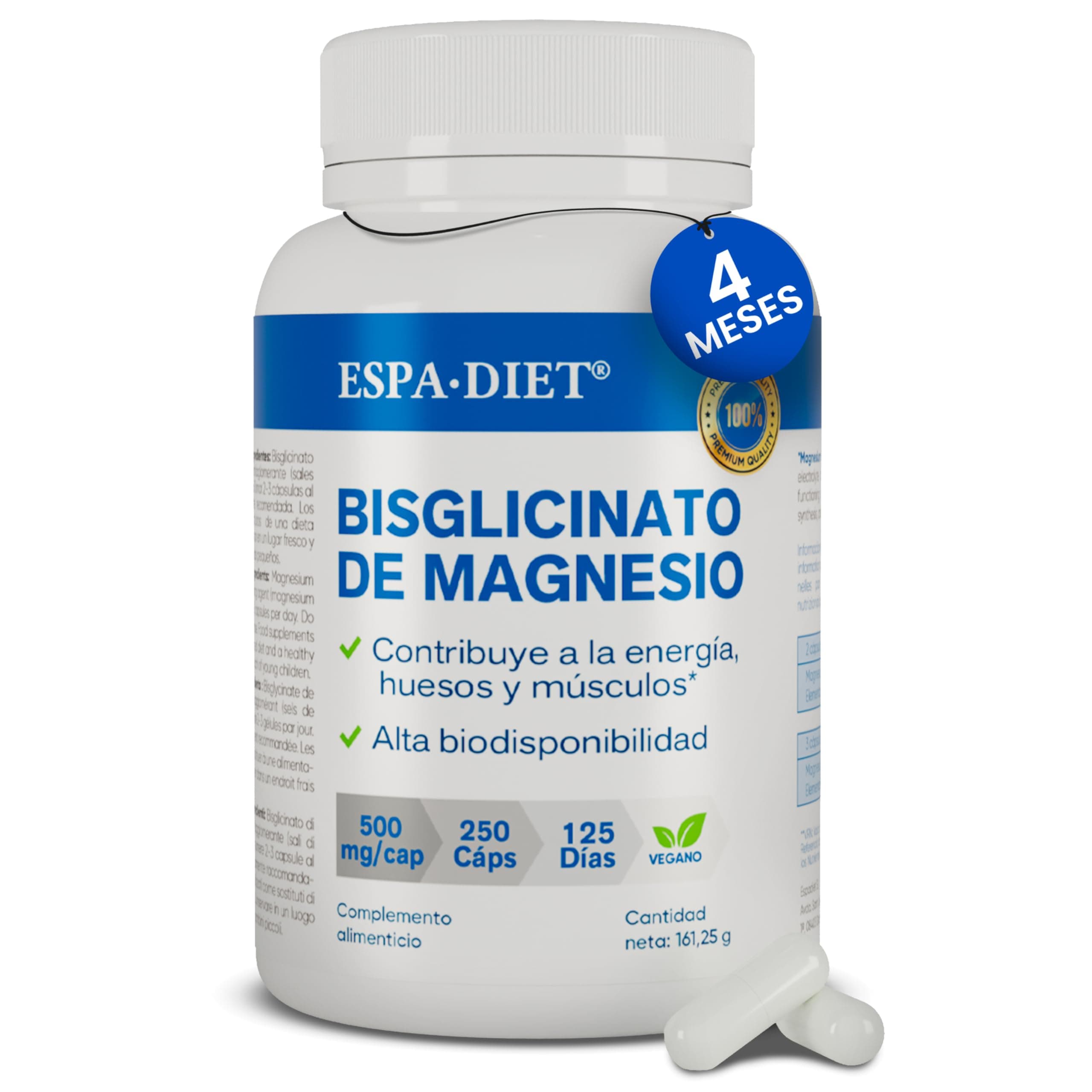 Bisglicinato de Magnesio puro - Alta biodisponibilidad y efecto rápido - Sueño Reparador, Energía, Soporte Óseo-Muscular y Concentración - Magnesio asimilable 250 cápsulas para 4 meses