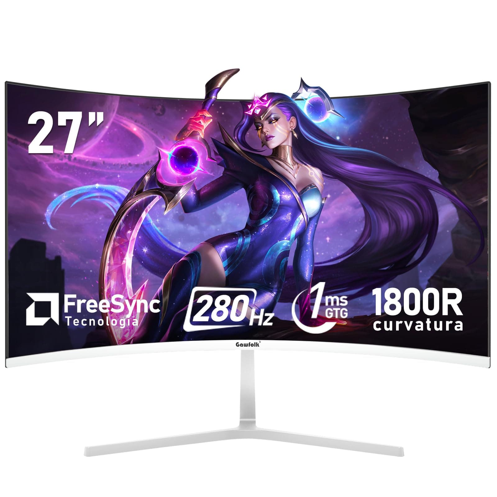 Gawfolk 27 pollici 280Hz curvo monitor per computer da gioco, 1800R，FHD 1080P, 98% sRGB, 1ms，FreeSync，178 ° grandangolo,HDMI、DisplayPort，Compatibile con il montaggio a parete 100 * 100mm - bianco