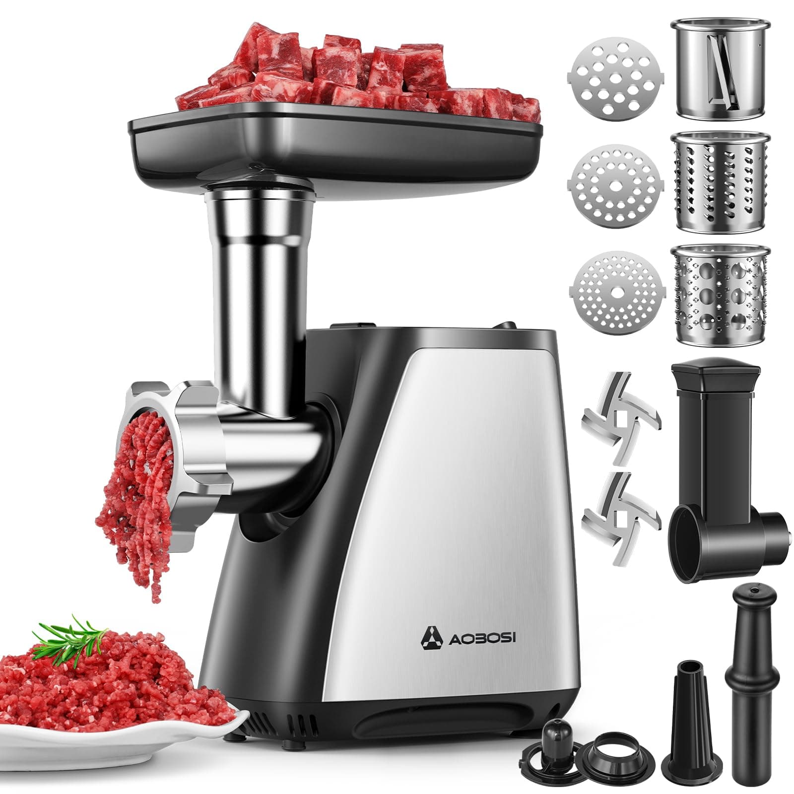 Tritacarne AAOBOSI, Tritacarne Elettrico 4-IN-1[2800W Max]con 3 Affettatrici,Lame per Tritare, 2 Lame, 3 Piatti, Insaccatrice per Salsicce, Kit Kubbe, per Uso Domestico in Cucina, Acciaio Inossidabile