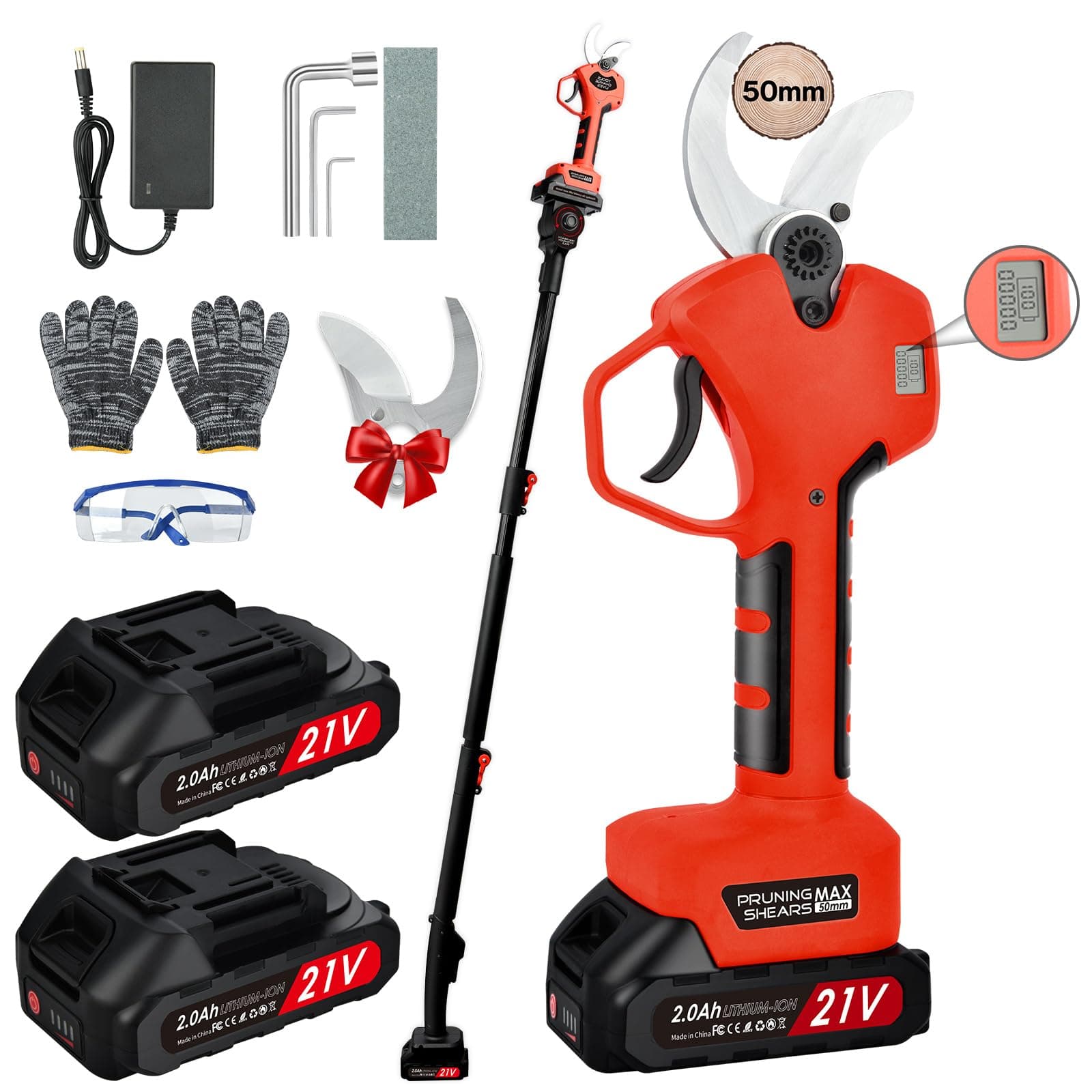 NUZEKY Forbice Potatura a Batteria 50mm con Asta di Estensione: Cesoie Potatura Elettriche Professionali Con2 21V/2000 mAh Batteria-Forbice Elettrica per Potatura con LCD Display per Jardinage,Olives