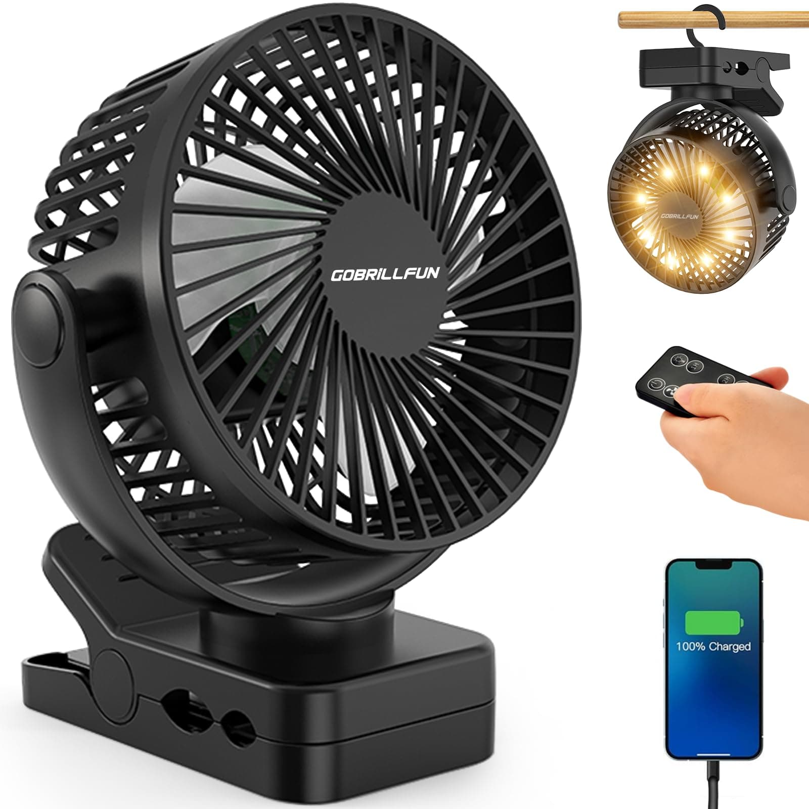 GOBRILLFUN Ventilador Portátil con Clip 6” y Batería 12000mAh, USB Recargable, Luz LED, Control Remoto, 3 Velocidades, Temporizador y Power Bank para Camping, Coche y Furgoneta Camper