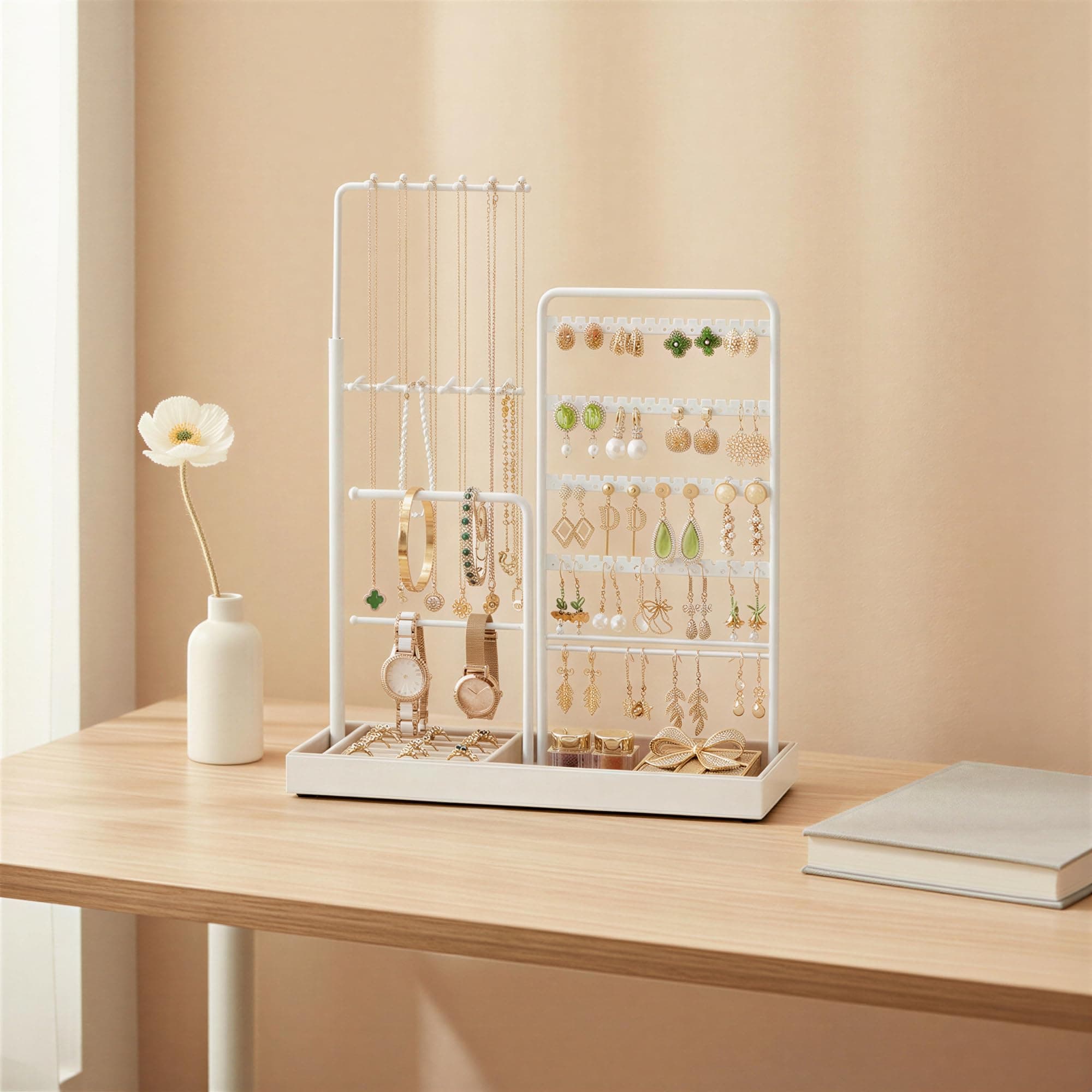 SONGMICS Schmuckständer, Schmuckhalter, Metallrahmen, Schmucktablett Samt, ausziehbarer Kettenhalter, 30,9-47,5 cm hoch, Schmuckaufbewahrung, mattweiß JJS026W01
