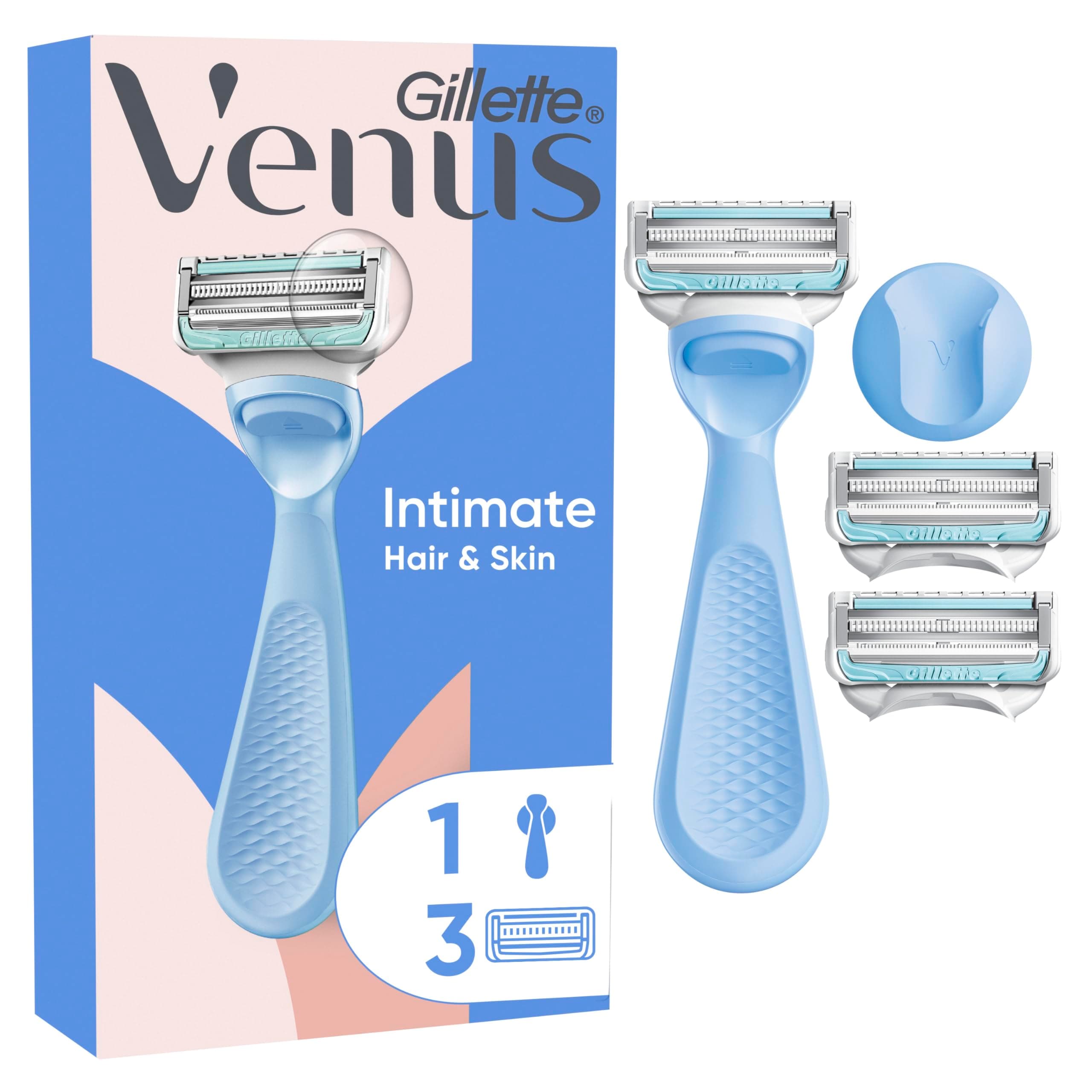 Gillette Venus Rasoio Donna Parti Intime per peli e pelle della zona Intima + 3 Lamette Donna di Ricambio, 1 Rasoio Parti Intime, 3 Lamette con Barra Anti-Irritazioni