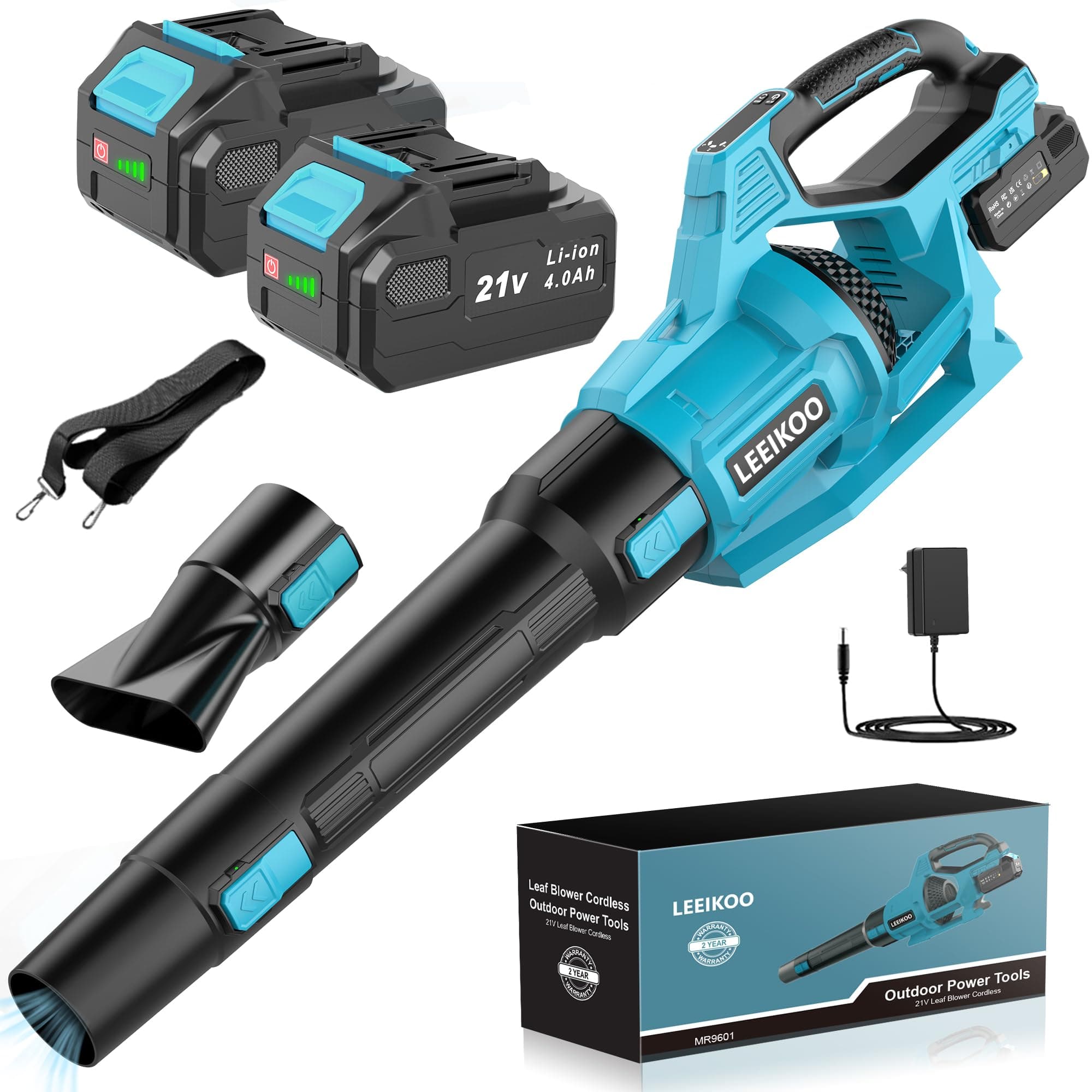 21V Soffiatore a Batteria, Soffiatore Foglie con 2 Batteria 4,0Ah, 3 Impostazioni di Velocità, 2 Tubi di Soffiaggio Staccabili, Cintura per Fango la Pulizia del Giardino