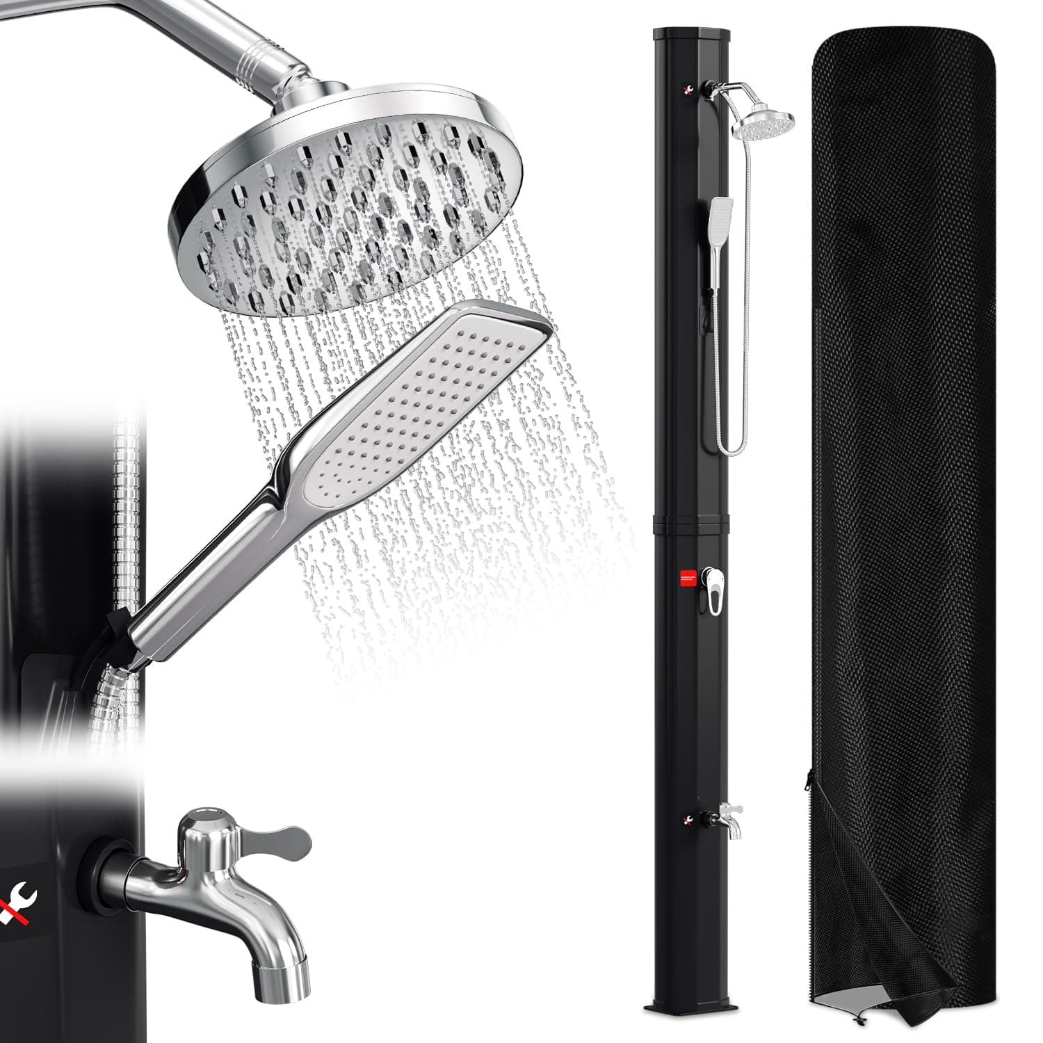 Vigevee Ducha Solar de jardín de 40 l, Agua Caliente hasta 60 °C, sin conexión eléctrica, Ducha de Piscina, Camping con Ducha de pies y Cabezal de Ducha de Lluvia Giratorio, Incluye Material de
