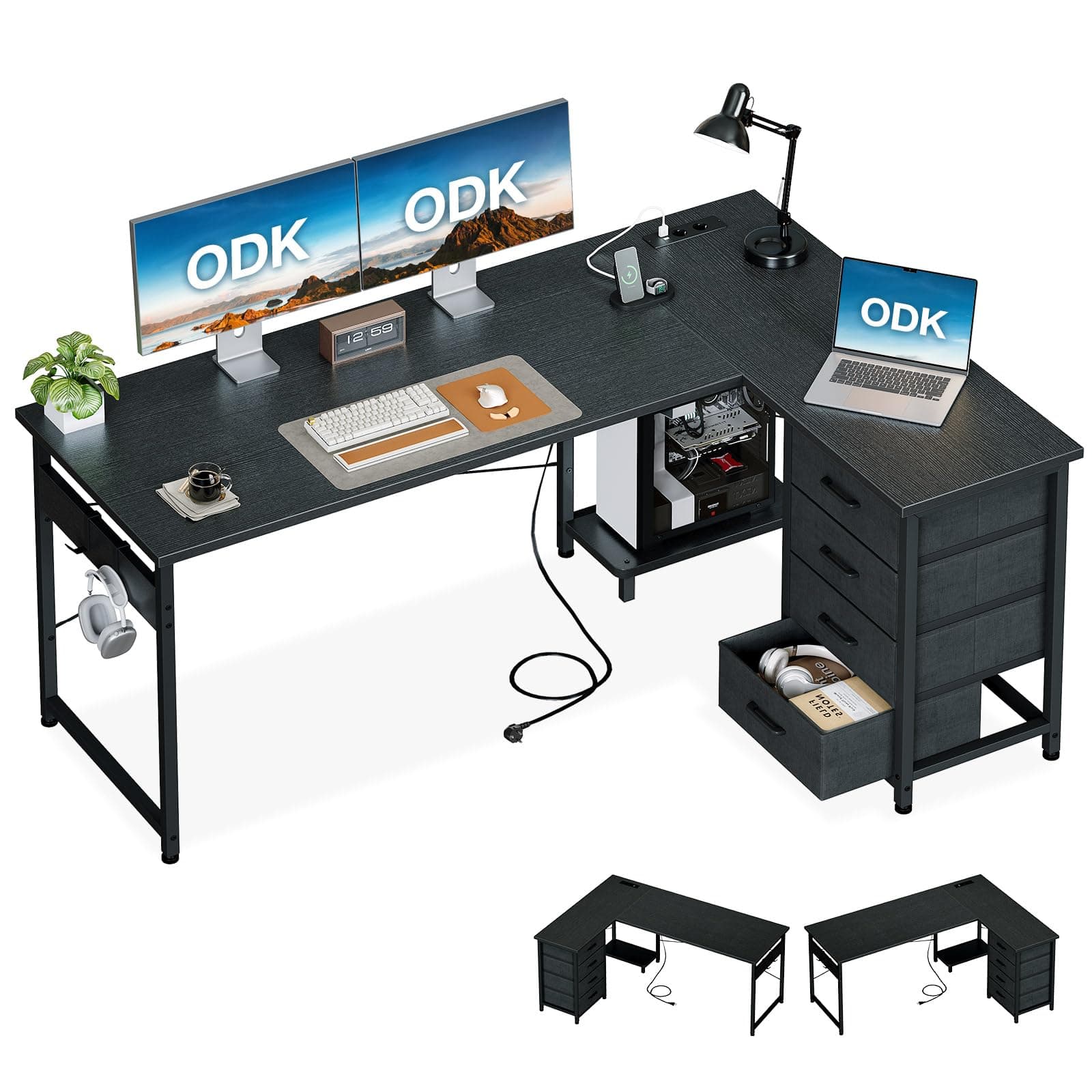 ODK Escritorio Esquinero con Cajones, 155×110 cm Escritorio en L con Enchufes y Puerto de Carga USB, Escritorio Esquina Reversible con Almacenamiento para Oficina en Casa, Negro