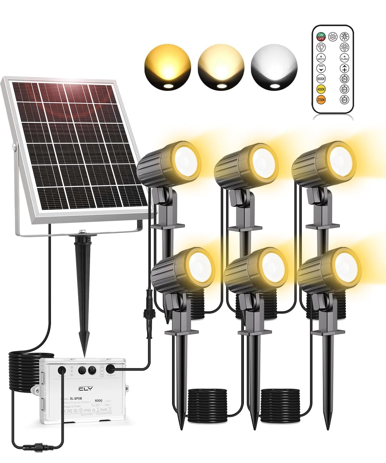 Faretti Solari Esterno 1200LM 6 IN 1, 2 Modalità Dinamiche Lampade Solare da Giardino Impermeabile IP66 Faretto Solare LED da Esterno 6000mAh Luci Solari da Giardino 2700K 4000K 6000K 3 Luminosità