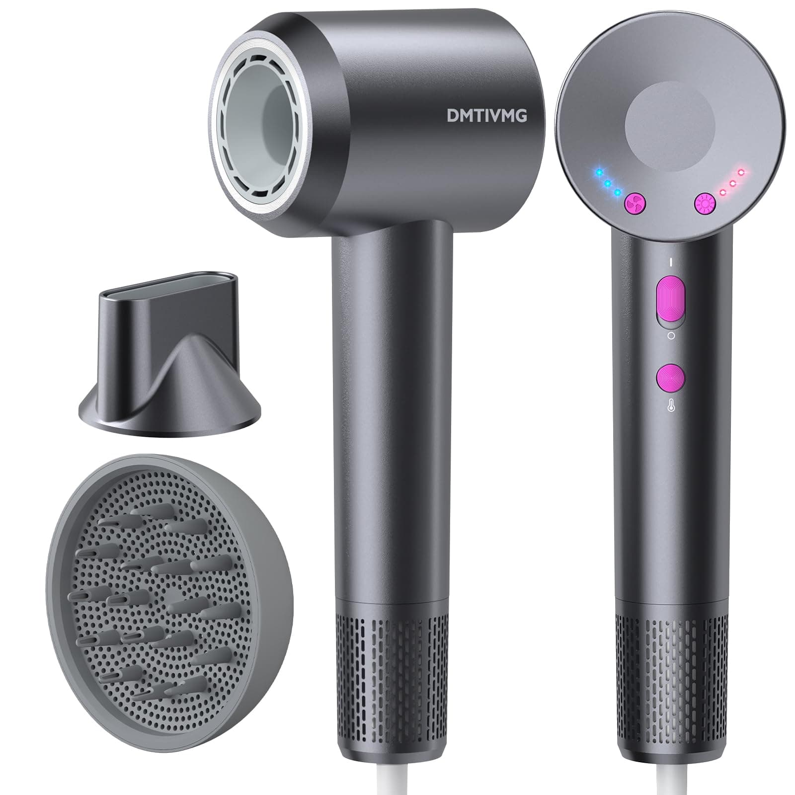 DMTIVMG Asciugacapelli Ionico 1600W Phon Capelli Professionale 500 Milioni Ioni Negativi 50 dB 12 Modalità 4 Temperature 3 Velocità del Vento 160000 RPM Motore Senza Spazzole 2 Accessori Magnetici