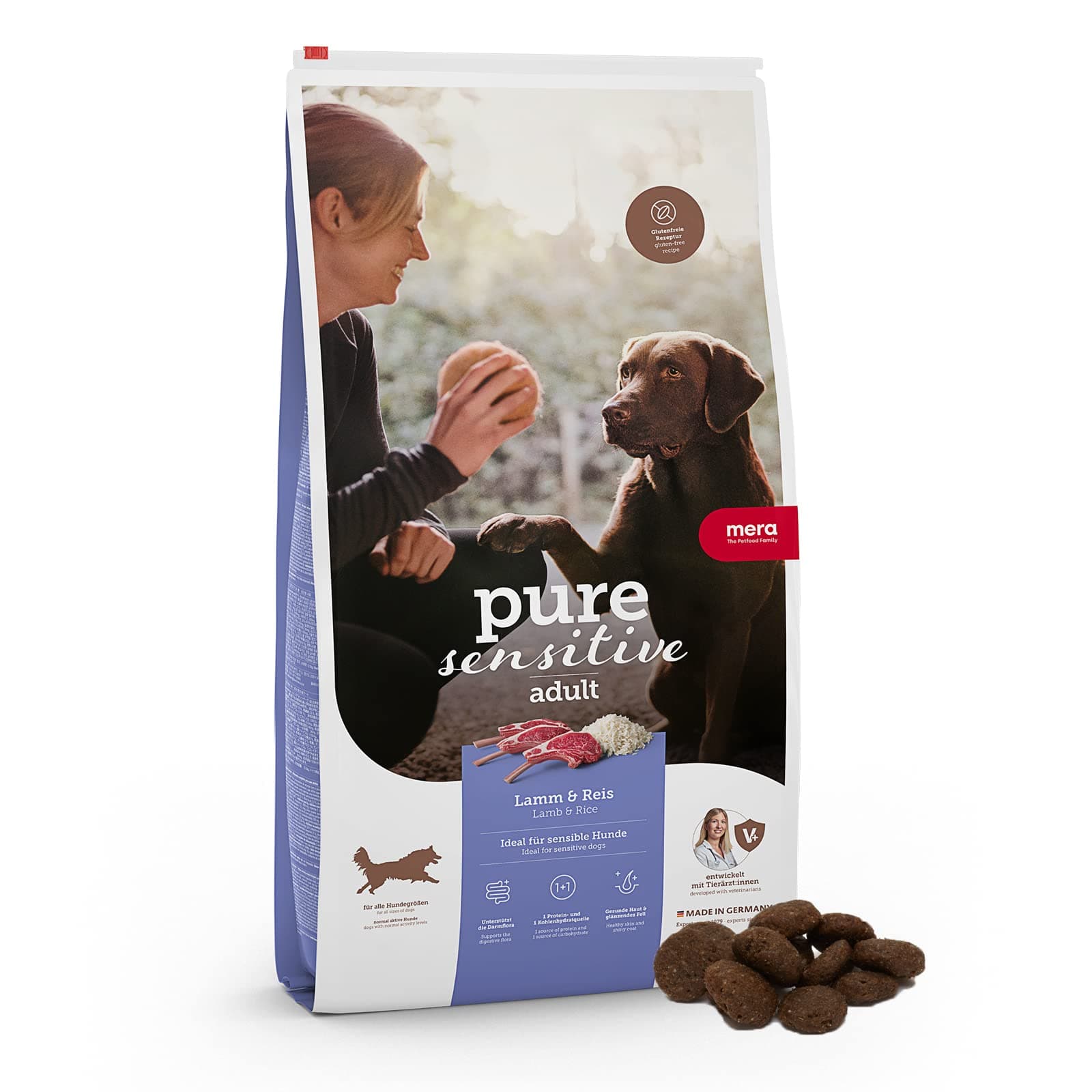MERA Pure Sensitive Lamm & Reis, Hundefutter trocken für Sensible Hunde, Trockenfutter aus Lamm und Reis, Futter für ausgewachsenen Hund, ohne Weizen und Zucker (4 kg)