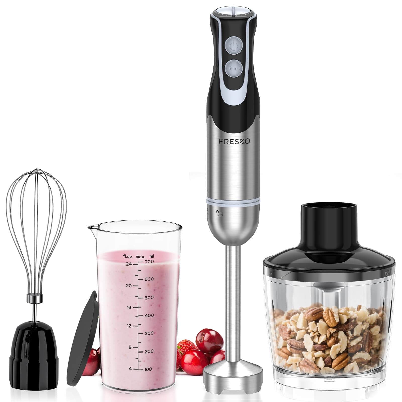 FRESKO Frullatore a Immersione 4-in-1, 1000 W Minipimer Immersione in 304 Acciaio Inossidabile, con 12 Velocità e Modalità Turbo, Antispruzzo Design, Include Misurino, Tritatutto e Frusta (HB3302)