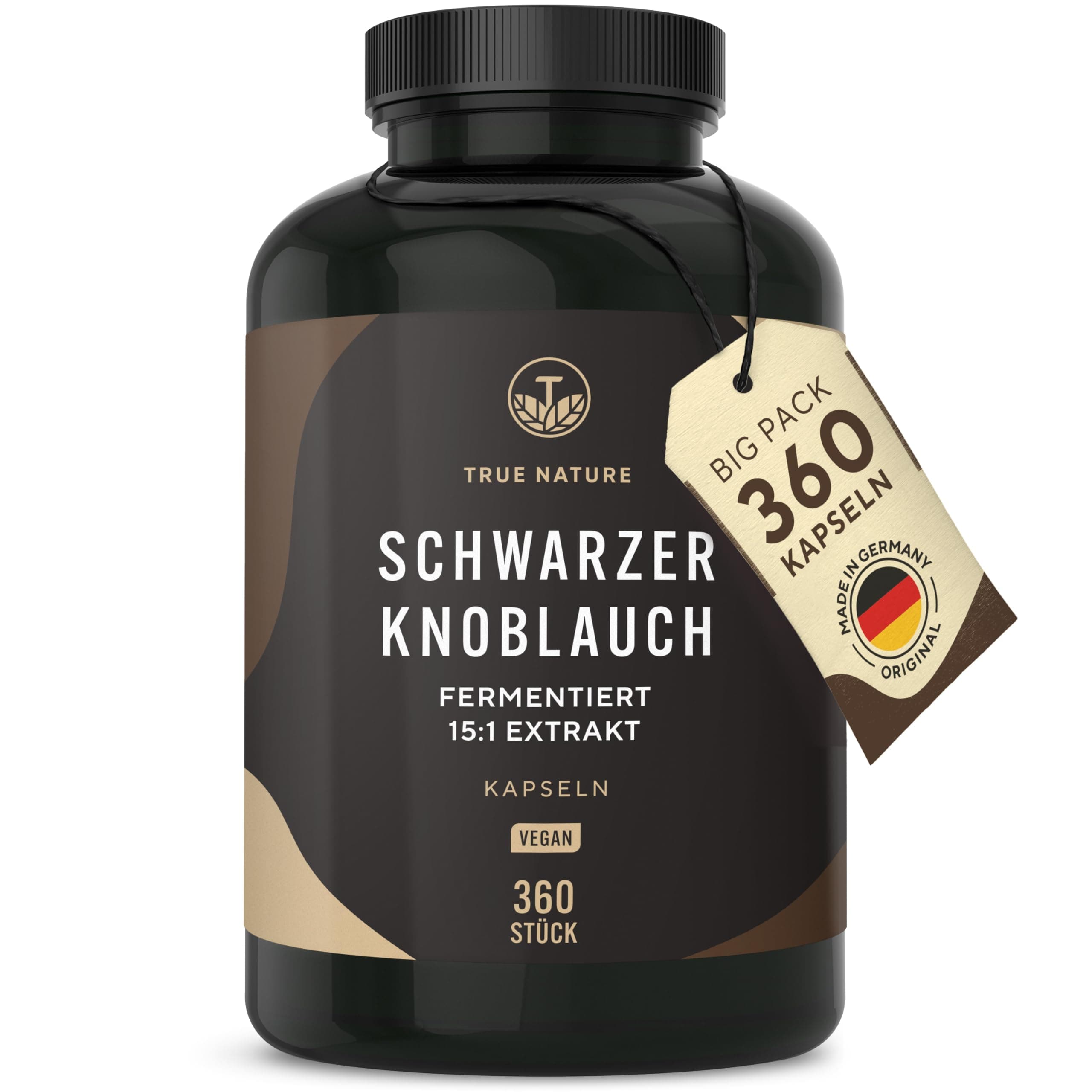 Schwarzer Knoblauch Extrakt - 22500mg pro Tag (15:1) Extrakt - 360 Kapseln 6 Monate Vorrat - Mit S-Allylcystein (SAC) - 14,89% Polyphenole - fermentiert, vegan - TRUE NATURE