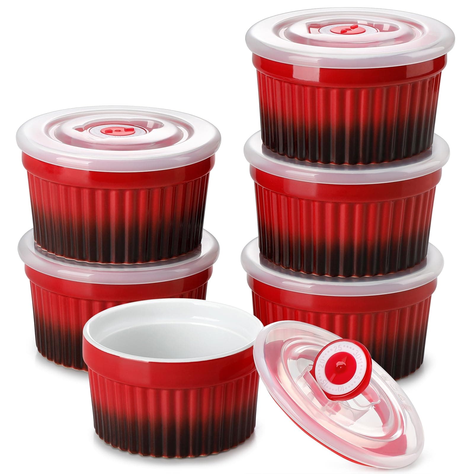 vancasso RAMEKINS 260ml Soufflé Förmchen Set von 6, Ø9,5cm Creme Brulee Schälchen Backofen sicher, Porzellan Soufflés mit Deckel, Kleine Keramik-Schalen, Mini Auflaufformen zum Backen, Rot
