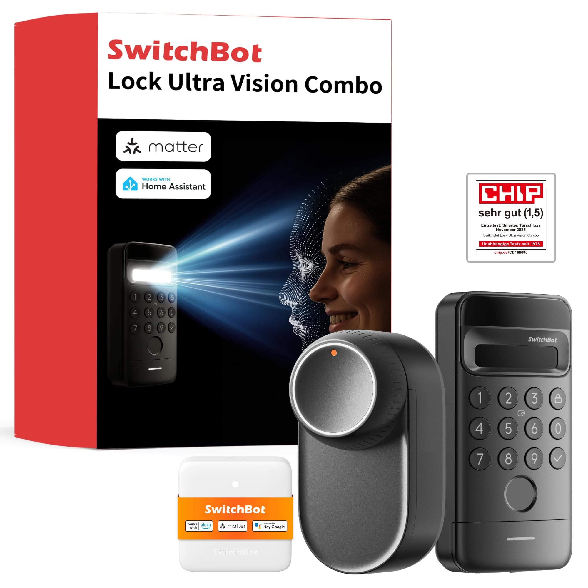 SwitchBot WLAN Smart Lock Ultra mit Keypad Vision, 3D-Gesichts-/Fingerabdruckerkennung, Elektronisches Türschloss mit Aufladbarem Akku, Öffnen per Gesicht, Fingerprint, Code, Alexa, unterstützt Matter