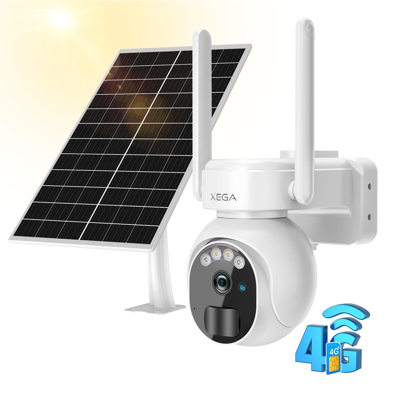 Xega 4G LTE Telecamera Solare Esterno con SIM Scheda 2K HD PTZ Telecamere Senza Fili con Pannello Solare Batterie Visione Notturna Rilevamento del Movimento Audio Bidirezionale Rotazione 355°/90°