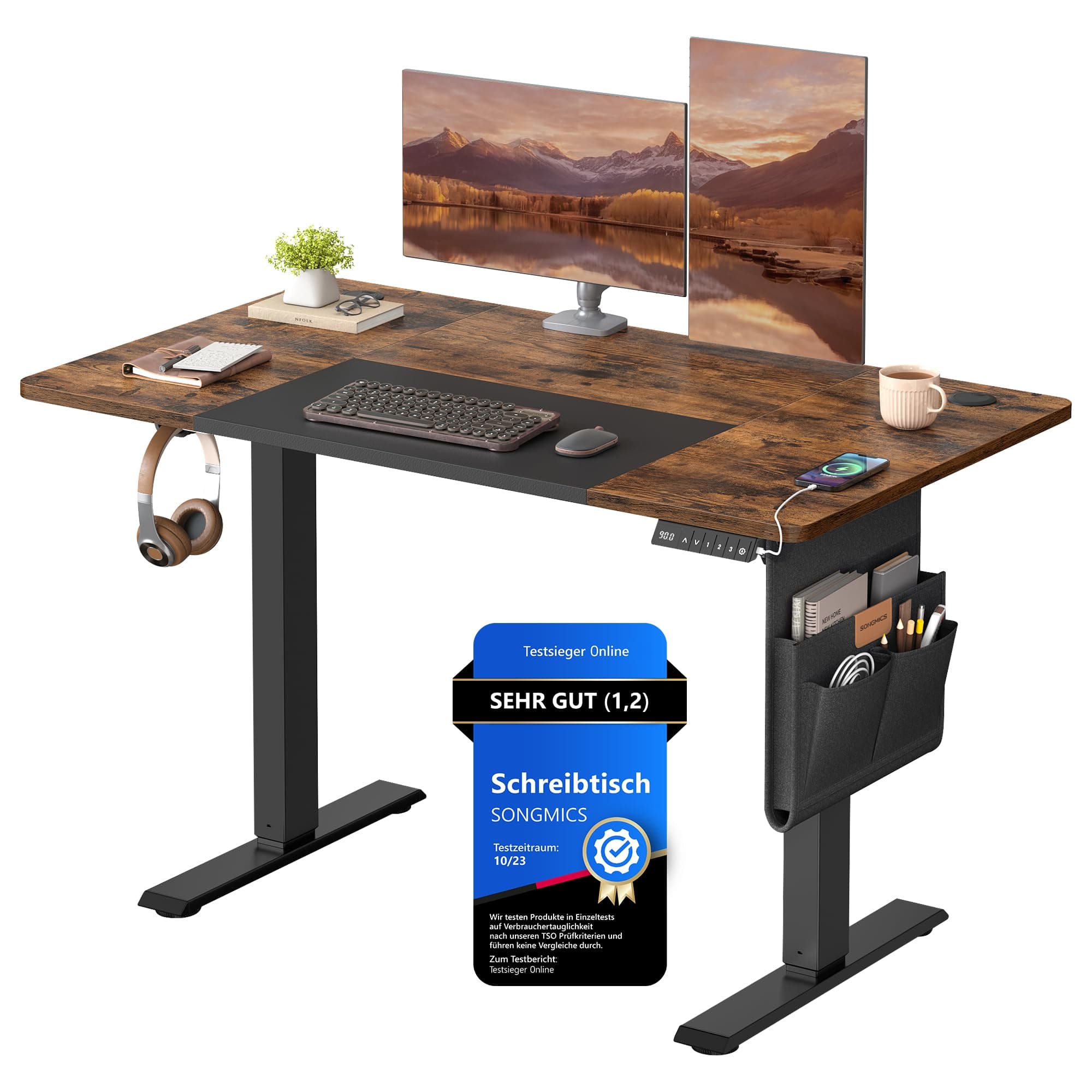 SONGMICS Höhenverstellbarer Schreibtisch elektrisch, 120 x 60 cm, stufenlos verstellbar, Memory-Funktion mit 4 Höhen, vintagebraun-tintenschwarz LSD015X01