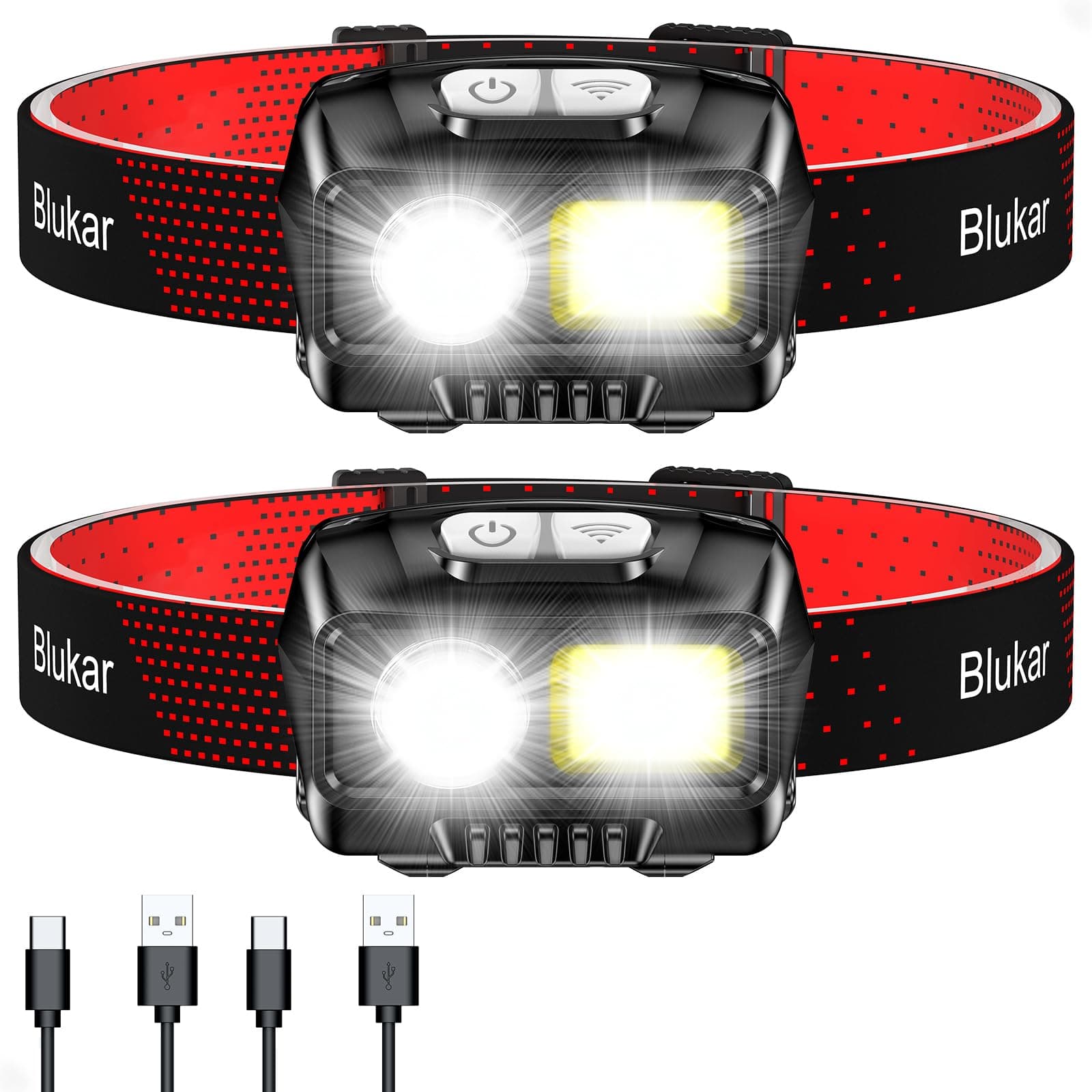 Blukar Linterna Frontal Recargable, [2 Pack] 2000L Super Brillante Linterna Cabeza LED Con Sensor de Movimiento y Luces de Advertencia Rojas, 8 Modos Luz, 30h de Tiempo Ejecución para Correr, Pesca