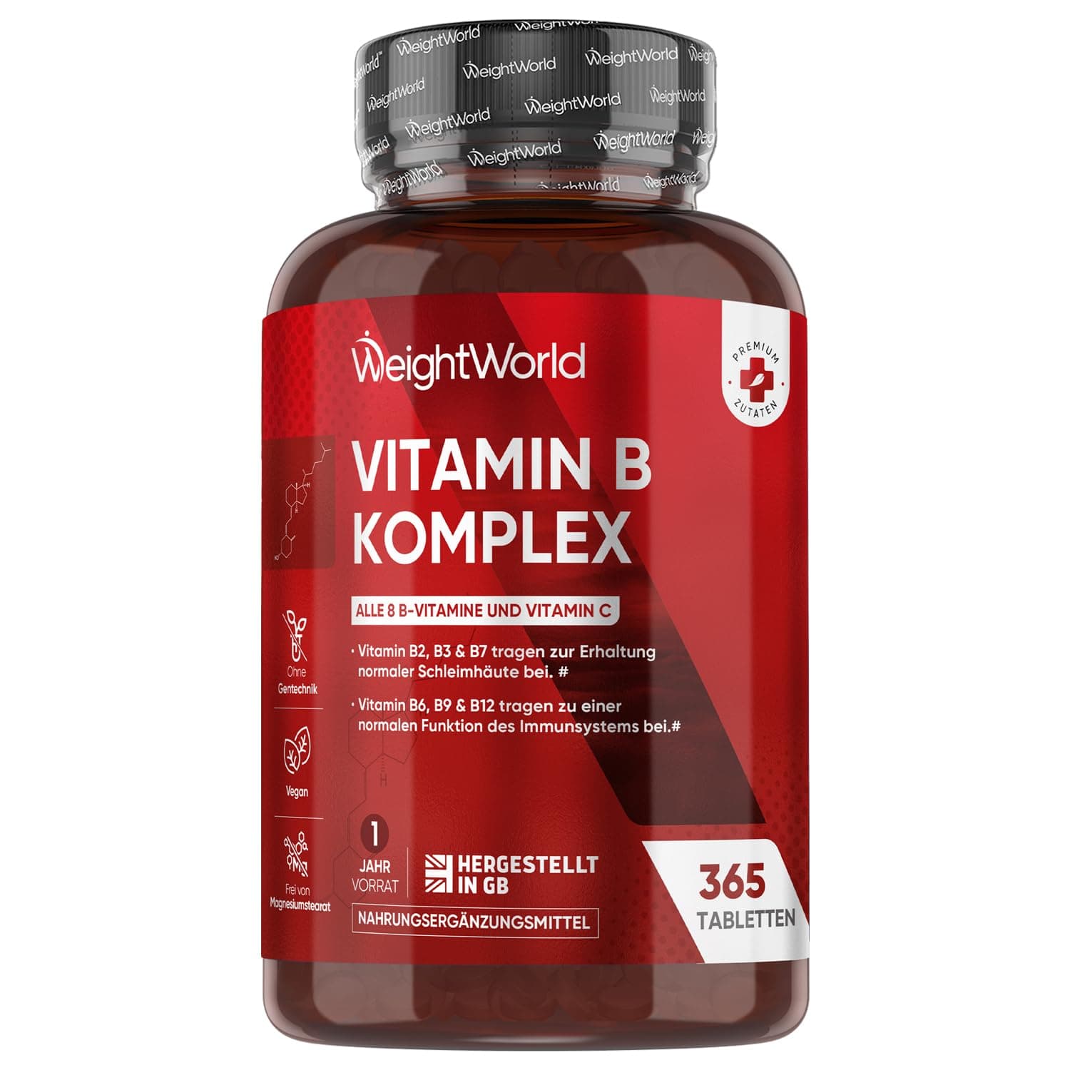Vitamin B Komplex - 1 Jahr Vorrat - 365 Vitamin B mit Vitamin C Tabletten - Alle 8 B Vitamin B12, B1, B2, B3, B5, B6, B7, B9 - Mit Ascorbinsäure, Biotin, Folsäure - Vegane B Complex - WeightWorld
