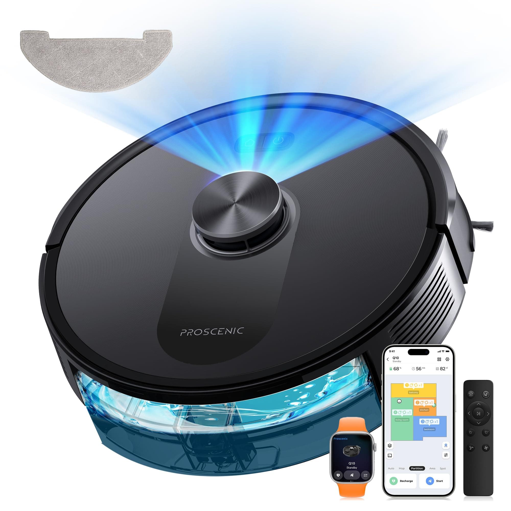 Proscenic Q10 Robot Aspirador 8000 Pa/200Min Autonomía con Fregado, Navegación LIDAR, Adaptación Alfombras, por App/Voz/Control Remoto/Apple Watch para Suelos, Alfombras y pelos de Mascotas