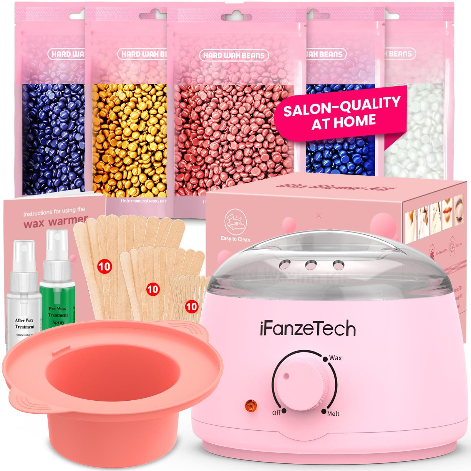 Chauffe Cire Epilation Kit épilation Cire: Inclure 500g Perle, 30 Spatules, 2 Huiles de Traitement et Silicone Bol, Facile Nettoyer Appareil Chauffe-cire Pour Jambes, Aisselle, Visage, Sourcils(Rose)