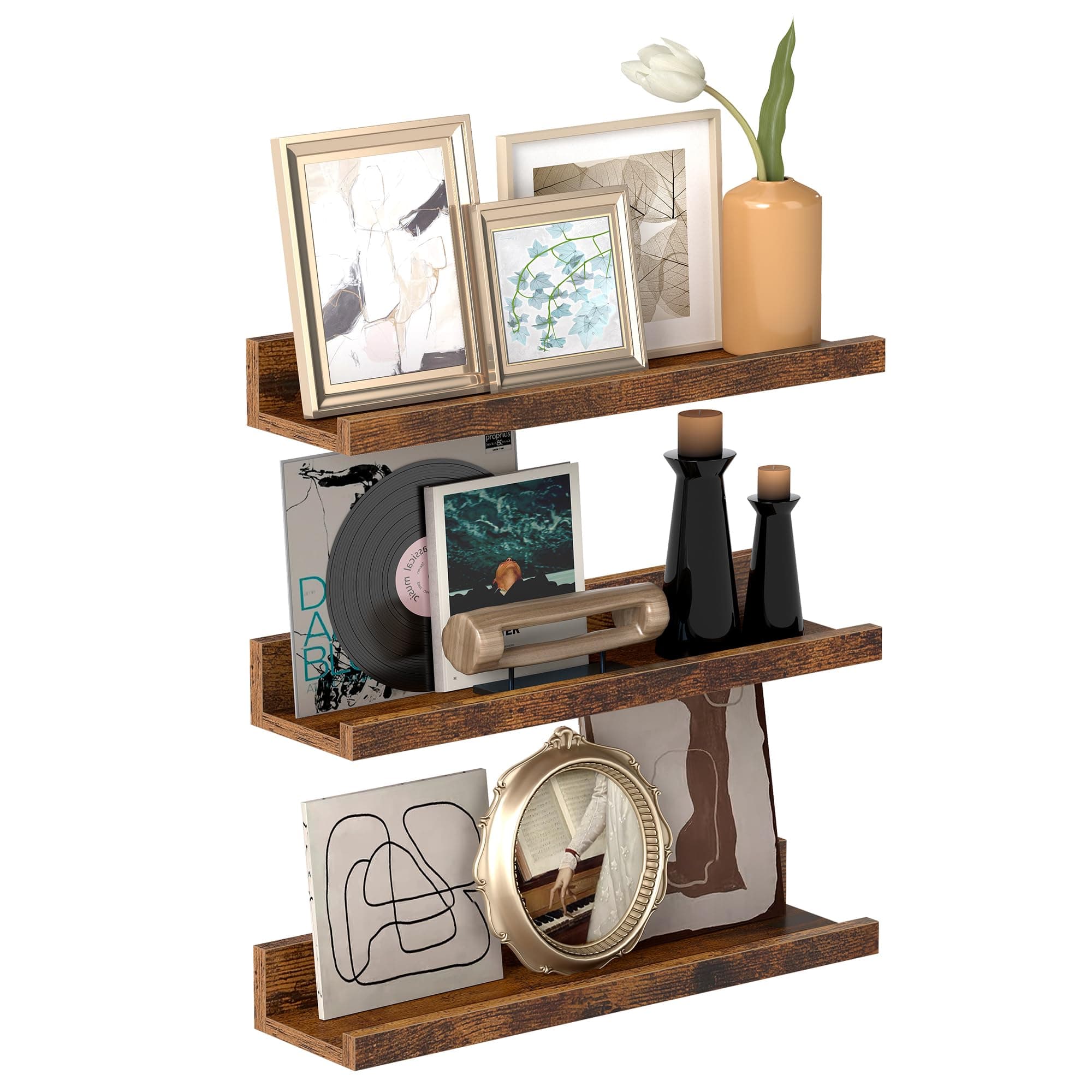 VASAGLE Wandregale, 3er Set, Schweberegale, Breite 38 cm, erhöhte Vorderkante, für Bilderrahmen, Dekoartikel, Gewürzgläser, für Küche, Wohnzimmer, vintagebraun LWS037X01
