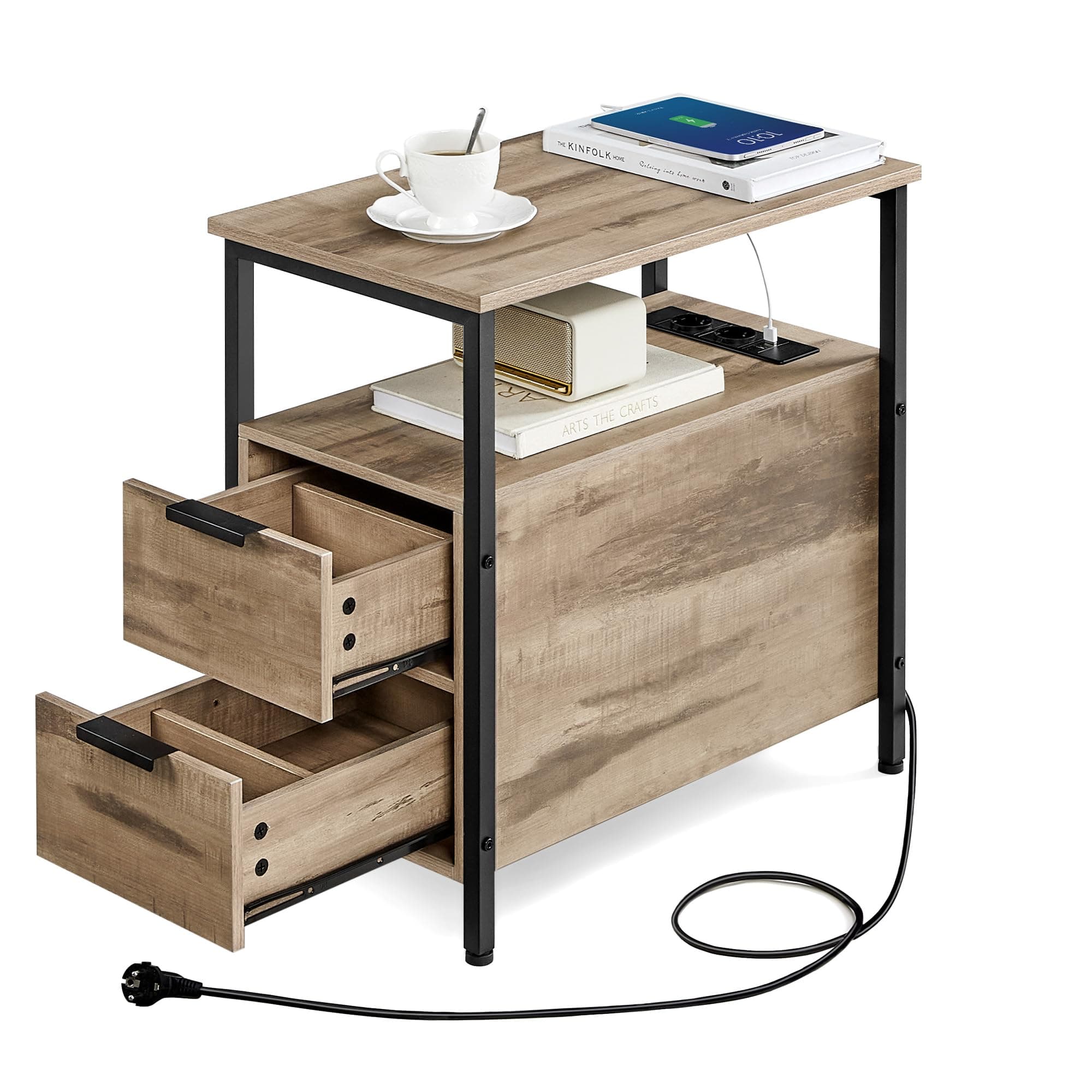 VASAGLE Beistelltisch, Nachttisch mit Steckdosenleiste, 2 Schubladen, Sofatisch, Nachtschrank für Wohnzimmer, Schlafzimmer, Kamelbraun-tintenschwarz LET325K01