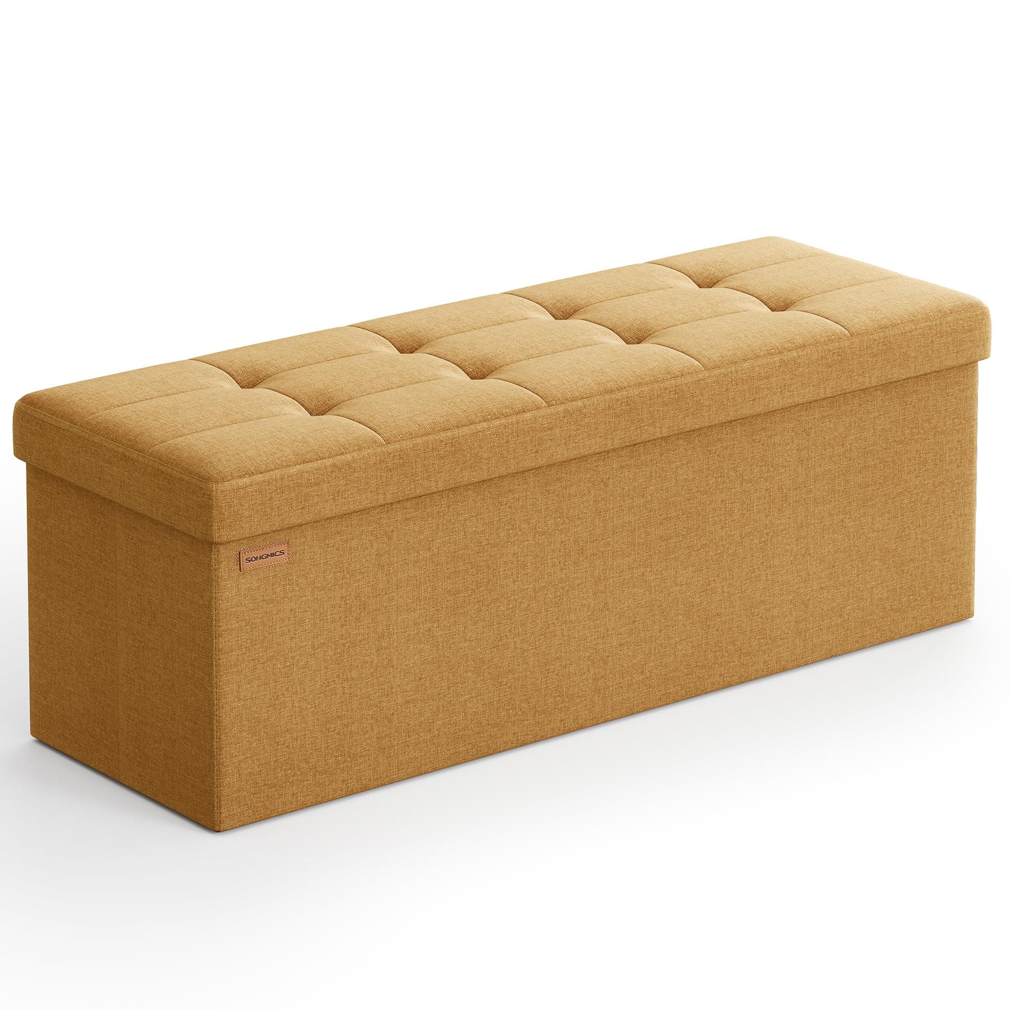 SONGMICS Mazie Colección - Puff Almacenaje, Banco Plegable, 38 x 110 x 38 cm, Taburete Reposapiés, Pie de Cama, Soporta hasta 300 kg, para Sala de Estar, Dormitorio, Entrada, Jengibre LSF077K04