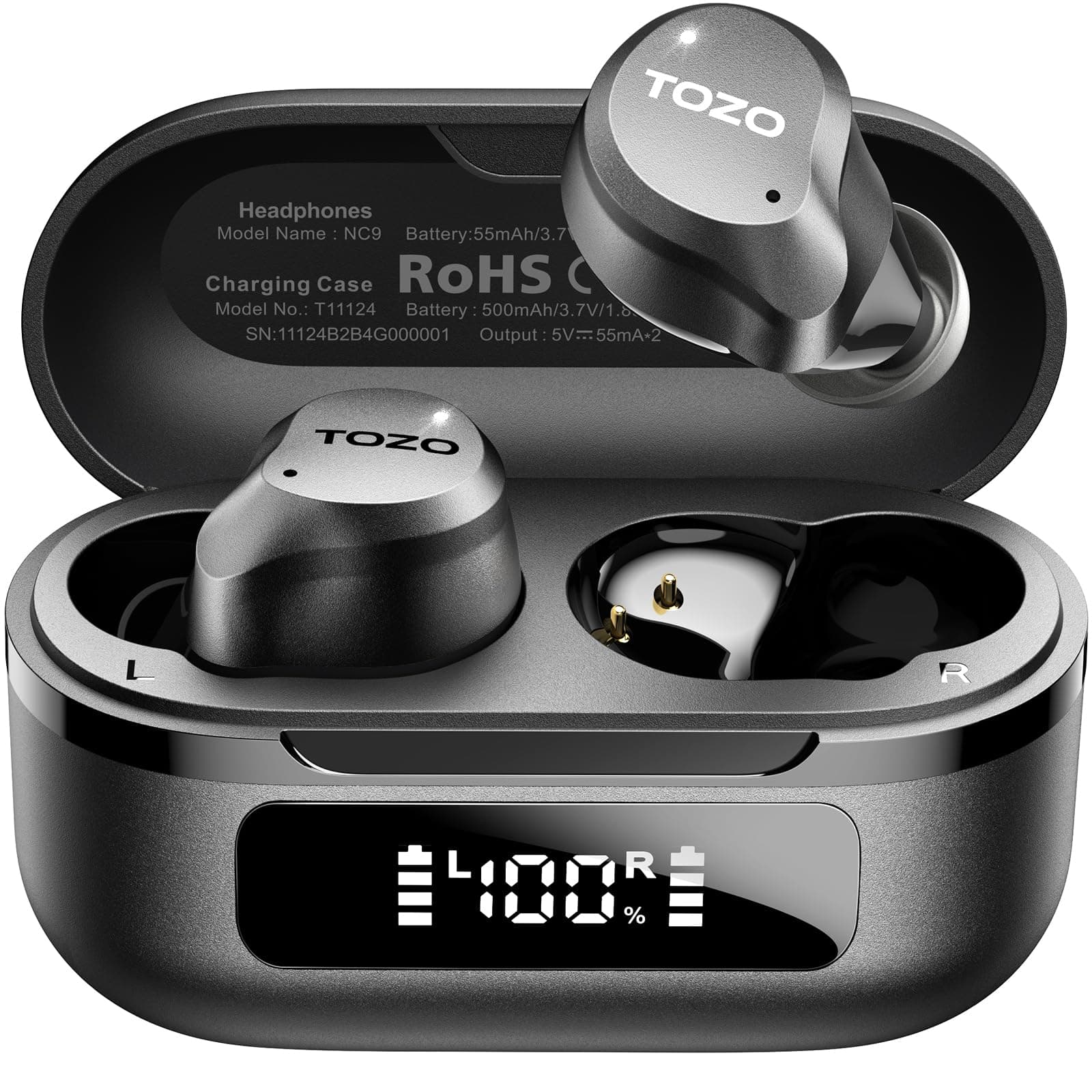 TOZO Hybrid Auriculares Inalámbricos Bluetooth 5.3 ANC Híbrida 6 Mics ENC, Reducción de Ruido 45dB, ORIGX 2.0 Acústico 32 EQs, 60H, Pantalla LED, USB Tipo C, IPX8, para Oficina y Commuting, Negro