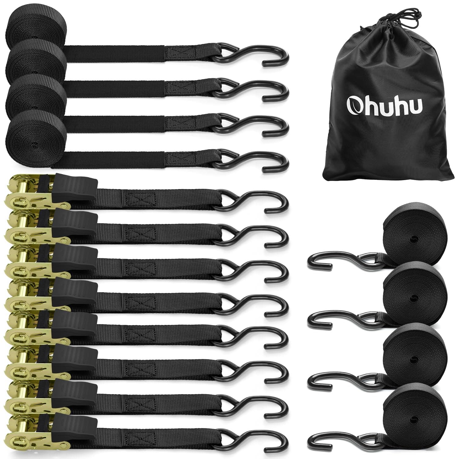 Ohuhu Spanngurte mit Ratsche 2 teilig zweiteilig 8 Stück, 680Kg 4,6m Zurrgurte Ratschengurt mit Haken, Befestigungsriemen Ratsche Zurrgurte Spanngurte mit Gummibeschichtete Metallgriffe, Schwarz